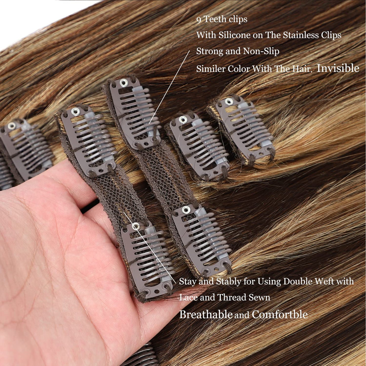 Clip in Hair Extensions Real Human Hair 22Inch 120g/set Straight Human Hair Clip in Extensions 7pcs Thick Remy Brazilian Human Hair Clip ins for Women Balayage Chocolate Brown to Caramel Blonde Color
