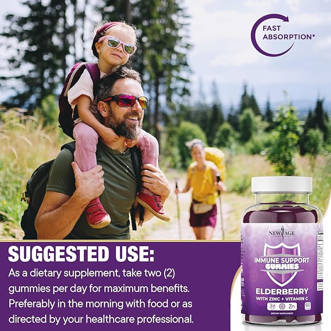 NEW AGE Immune System Support Gummies - Sambucus Black Elderberry Gummies with Vitamin C and Zinc (Immune Support 120 Gummies)