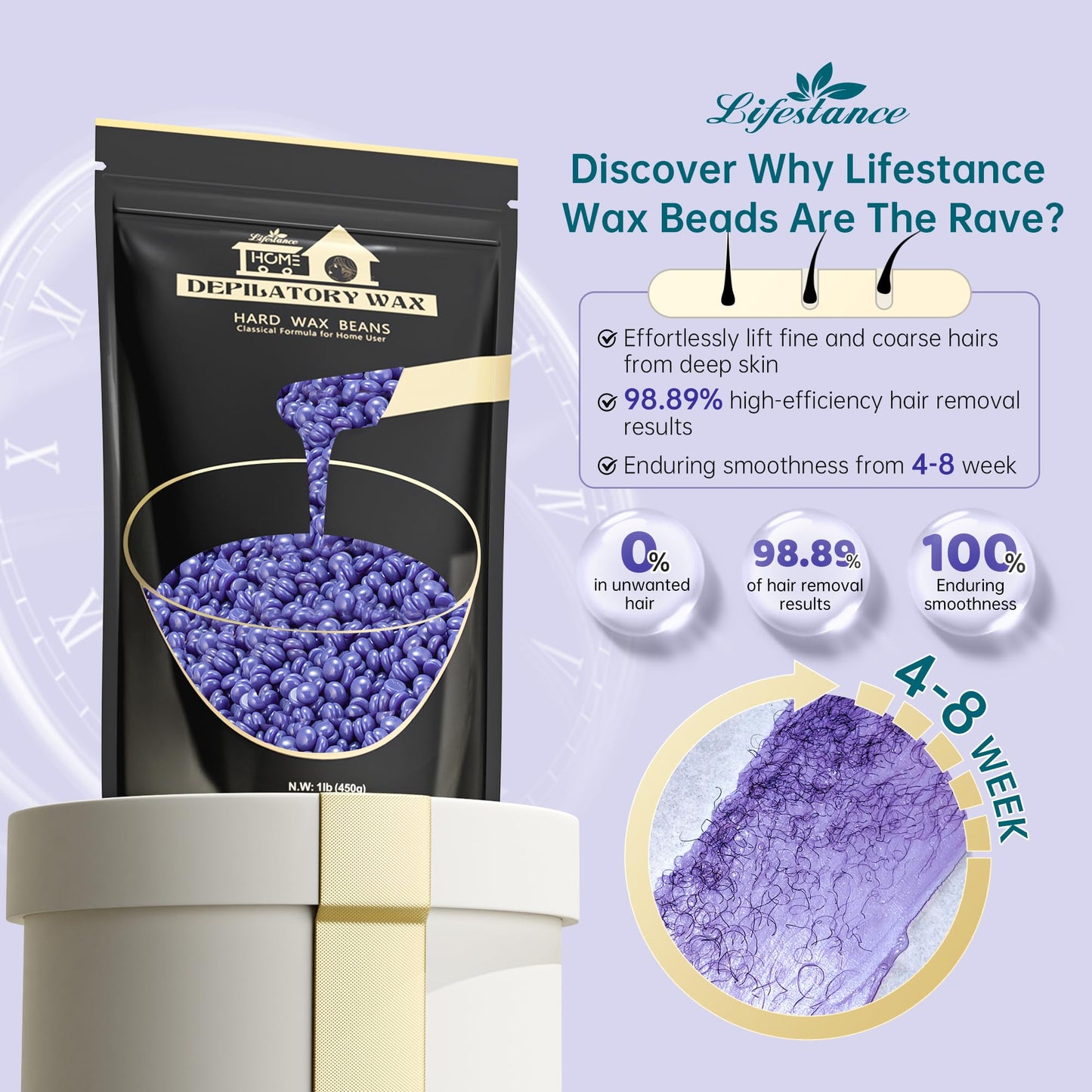 Lifestance Hard Wax Beans Hair Removal Kit, 1lb Large Refill Stripless Waxing Beans for Women Men Waxing Depilatory Violet Pearl Wax Beads
