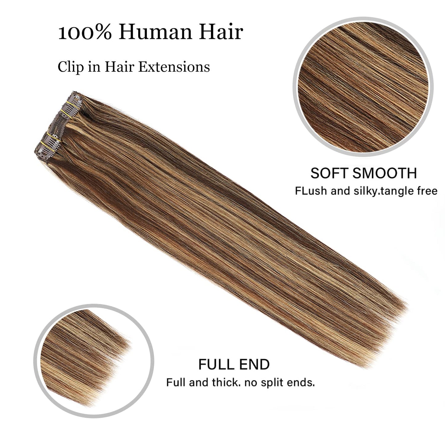 Clip in Hair Extensions Real Human Hair 22Inch 120g/set Straight Human Hair Clip in Extensions 7pcs Thick Remy Brazilian Human Hair Clip ins for Women Balayage Chocolate Brown to Caramel Blonde Color