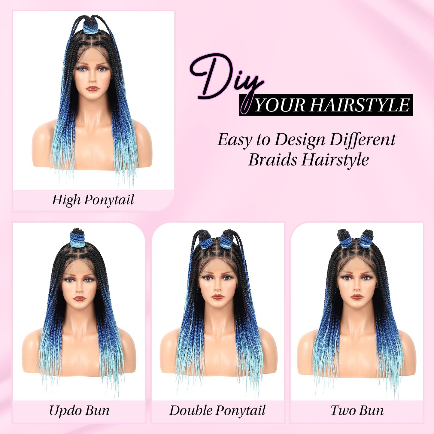 Kalyss 24" Lace Front Braided Wig Short Box Braid Wigs for Black Women Square Knotless Braided Wigs with Baby Hair Human Hair Blended Ombre Dark Blue and Pastel Sky Blue Braids Wig