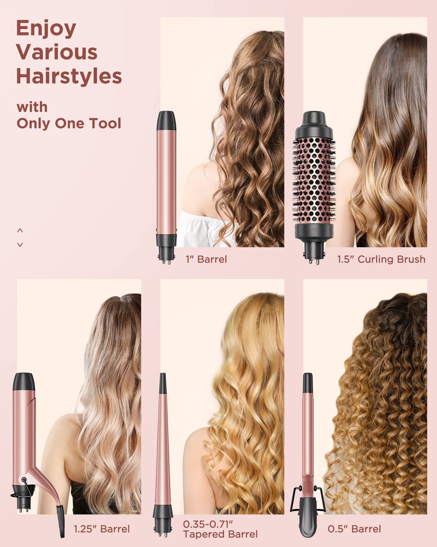Wavytalk 5 in 1 Curling Iron Set + 1 Inch Negative Ion Flat Iron Hair Straightener (Purple)