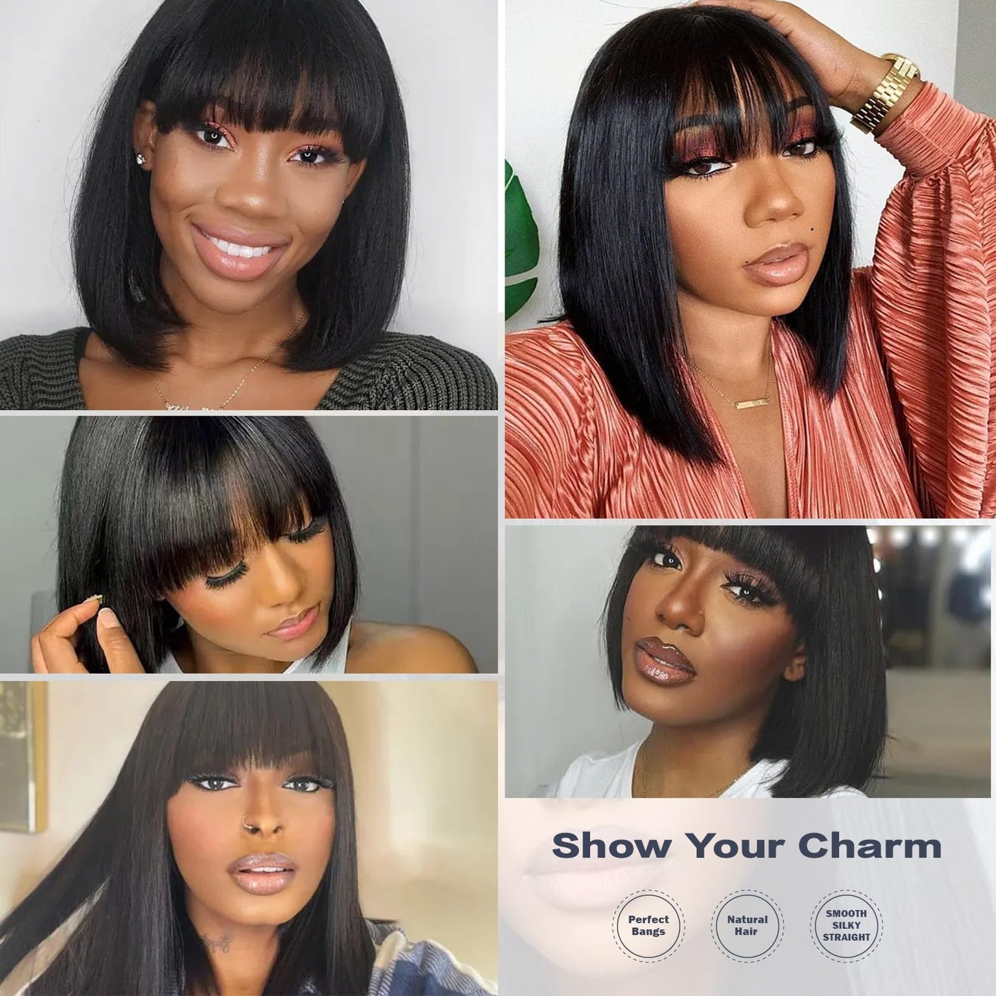 HAIRHOBBY Wigs With Bangs Human Hair, 12 IN Realistic Look Natural Straight 2x1 HD Lace Glueless Bangs Wigs For Woman, Wear And Go Brazilian Virgin 180% Density Short Blunt Cut Wigs