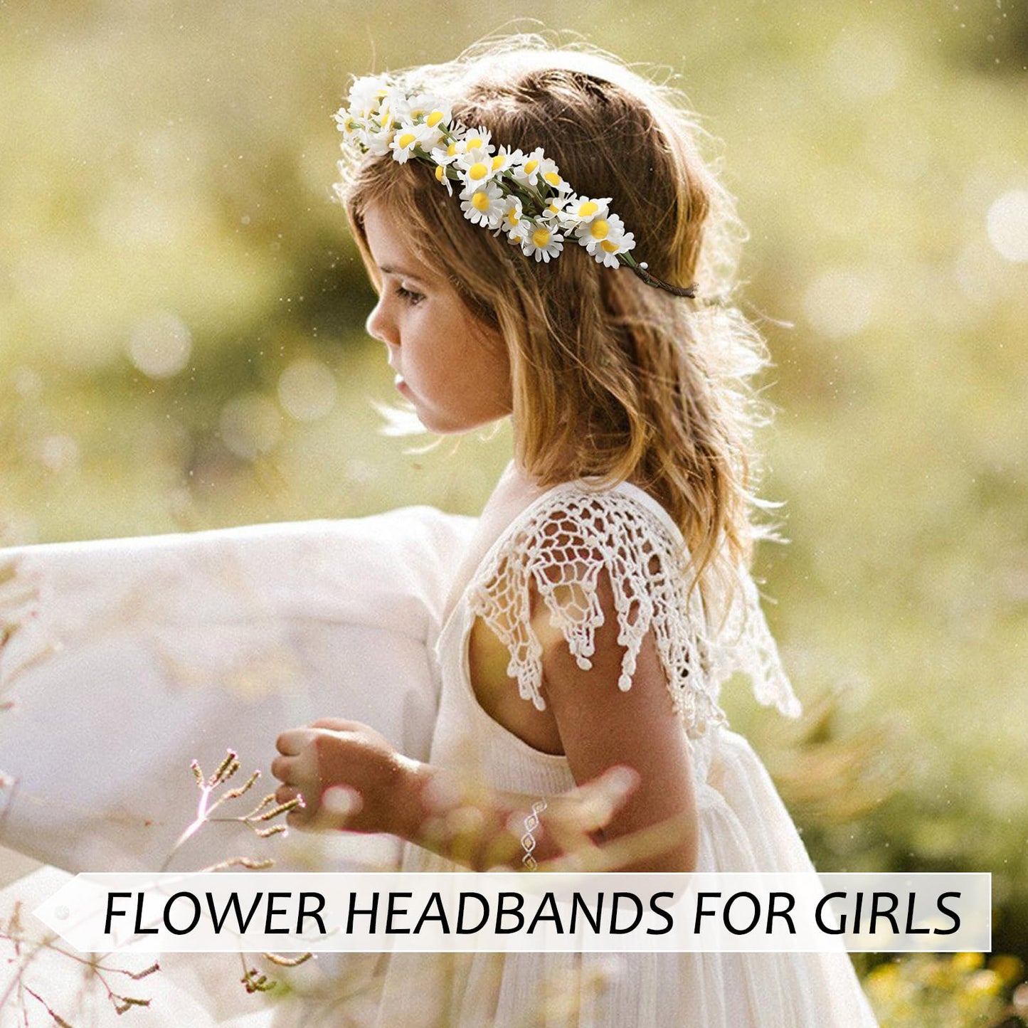 AWAYTR Flower Hippie Floral Crown - Boho Sunflower Headband for Women, Hippie Costume and Hair Accessories (White)