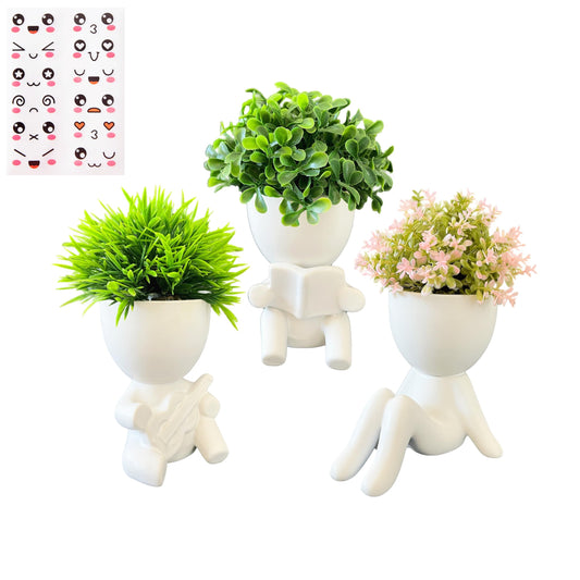 3 Packs Creative Small Fake Plants Artificial Succulents in Ceramic Human Shaped Pots Cute Office Plants for Desk Home Decor Funny Premium Ceramic Faux Succulent Perfect Humorous Gift Idea(3, White)