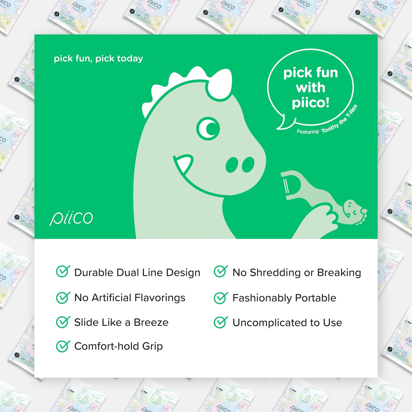 Piico Unflavored Kids Floss - No Fluoride Dual Line Dental Floss Picks - Fun Oral Care in Colorful Floss Sticks Design - Kids Flossers Prevent Tooth Decay & Gum Disease - 240 Count Dino & Travel Case