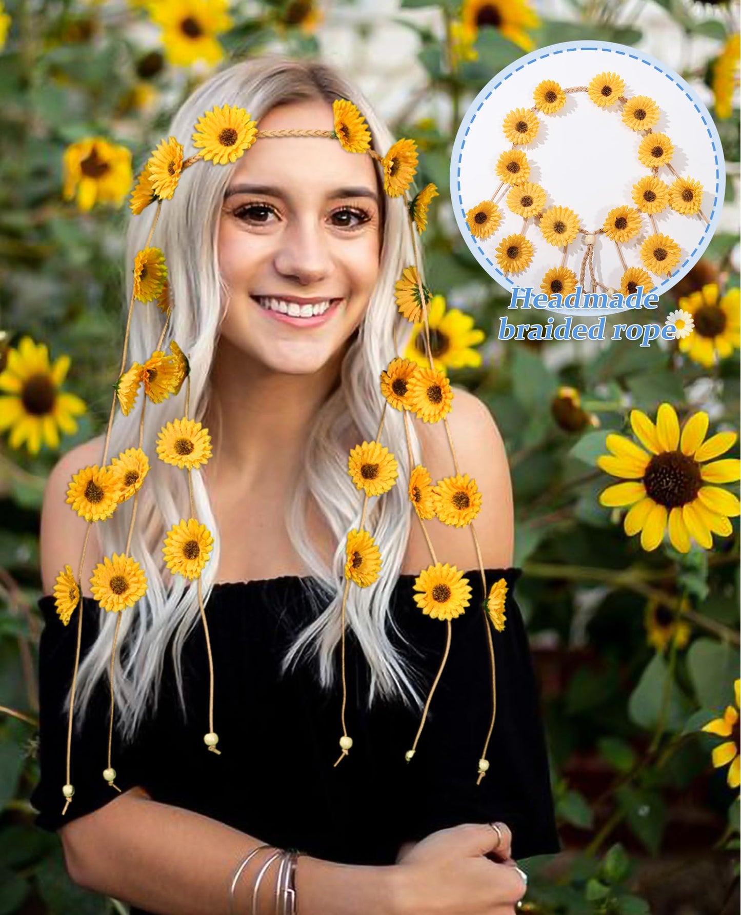 CHLINS Hippie Headband Flower Crown Bohemian Sunflower Headband Flower Headpiece Hippie Costume 60s 70s Outfits for Women (Yellow)