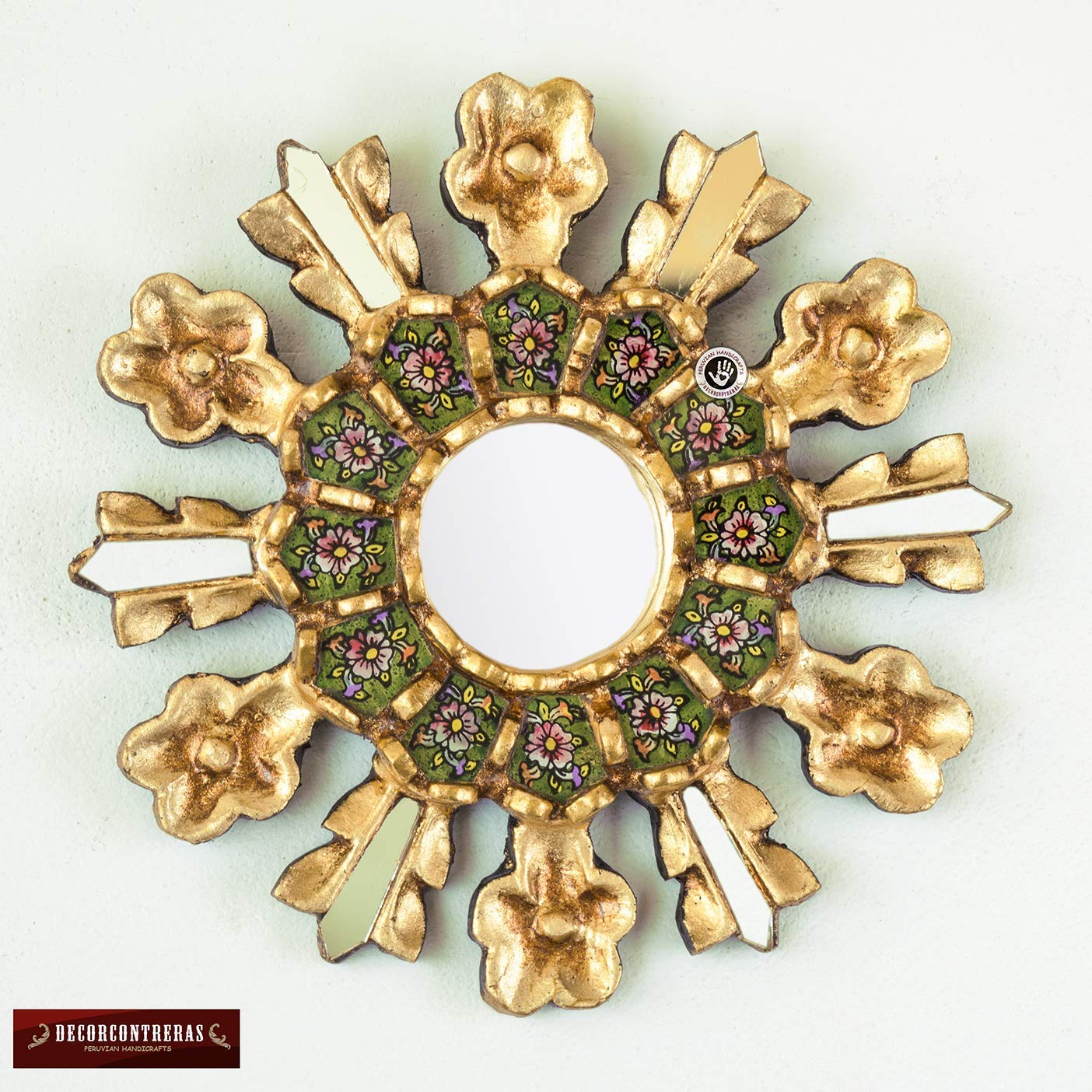 Decorative Green Round Mirror 7.8in for wall home decorations | Peruvian painting on glass Accent Wall Mirror living room decor