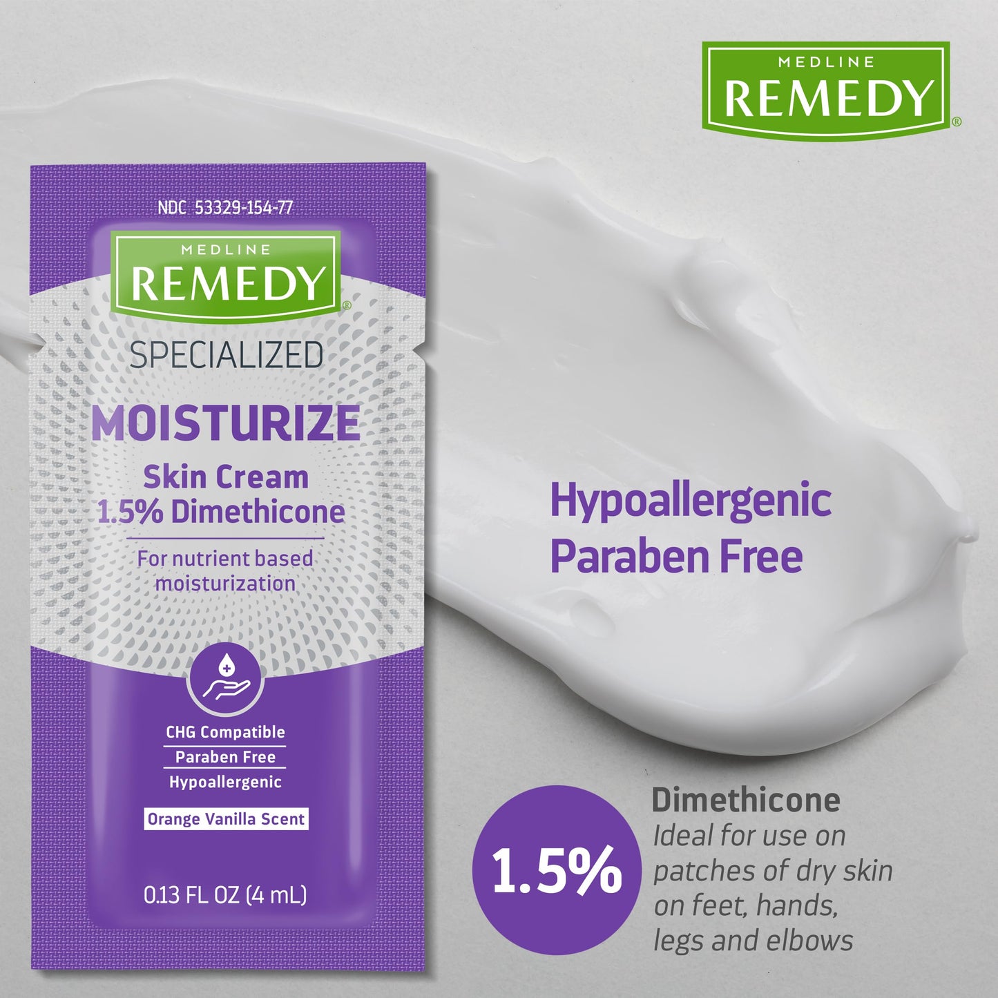 Medline Remedy Specialized Skin Cream, Scented, Advanced Moisturizing Formula for Dry Skin, 4 g Packet, Pack of 144