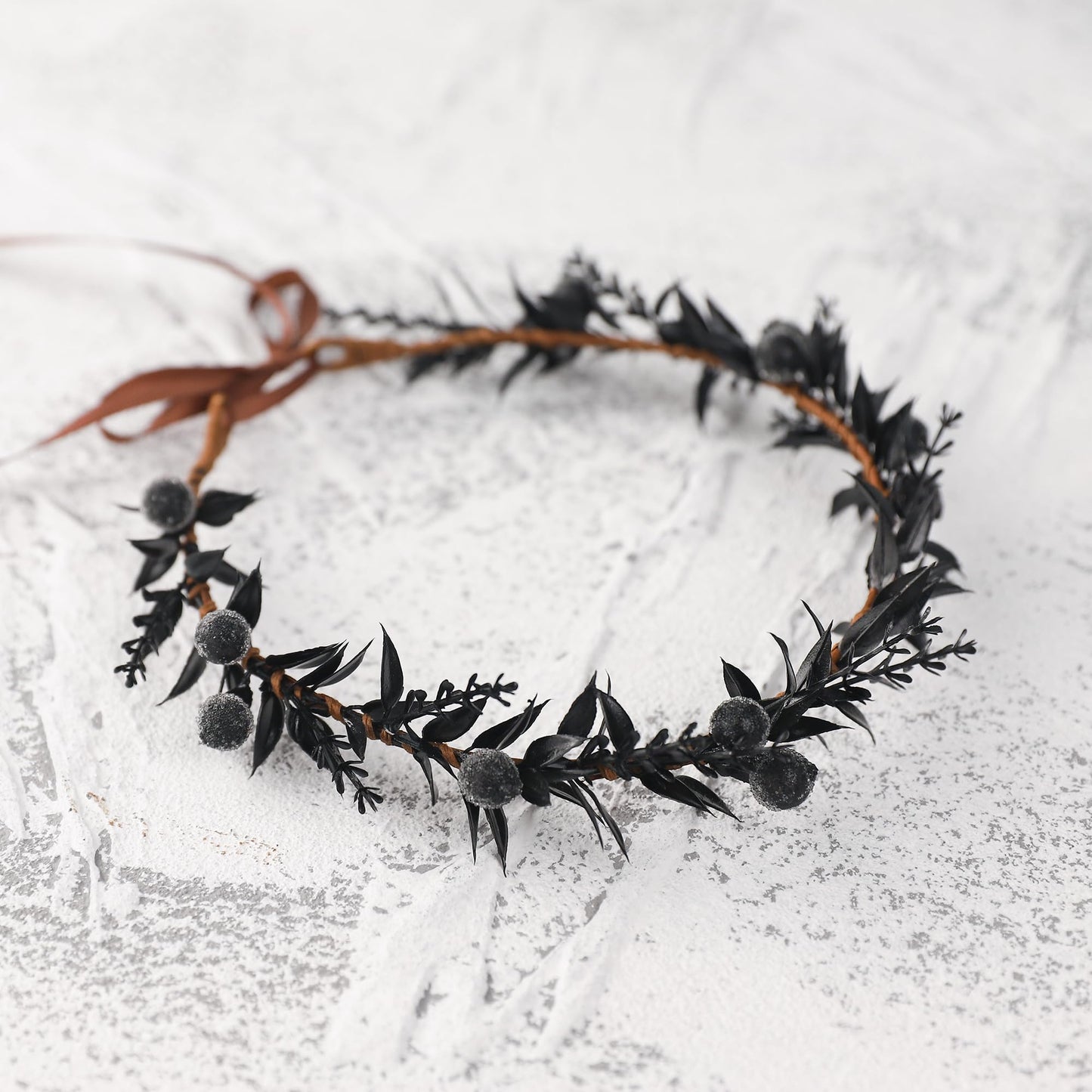 KorViSHOW Handmade Black Flower Crown - Adjustable Black Floral Headband Renaissance Hair Accessories Elf Headpiece Boho Garland for Women Girls Renaissance Festival Photography Props