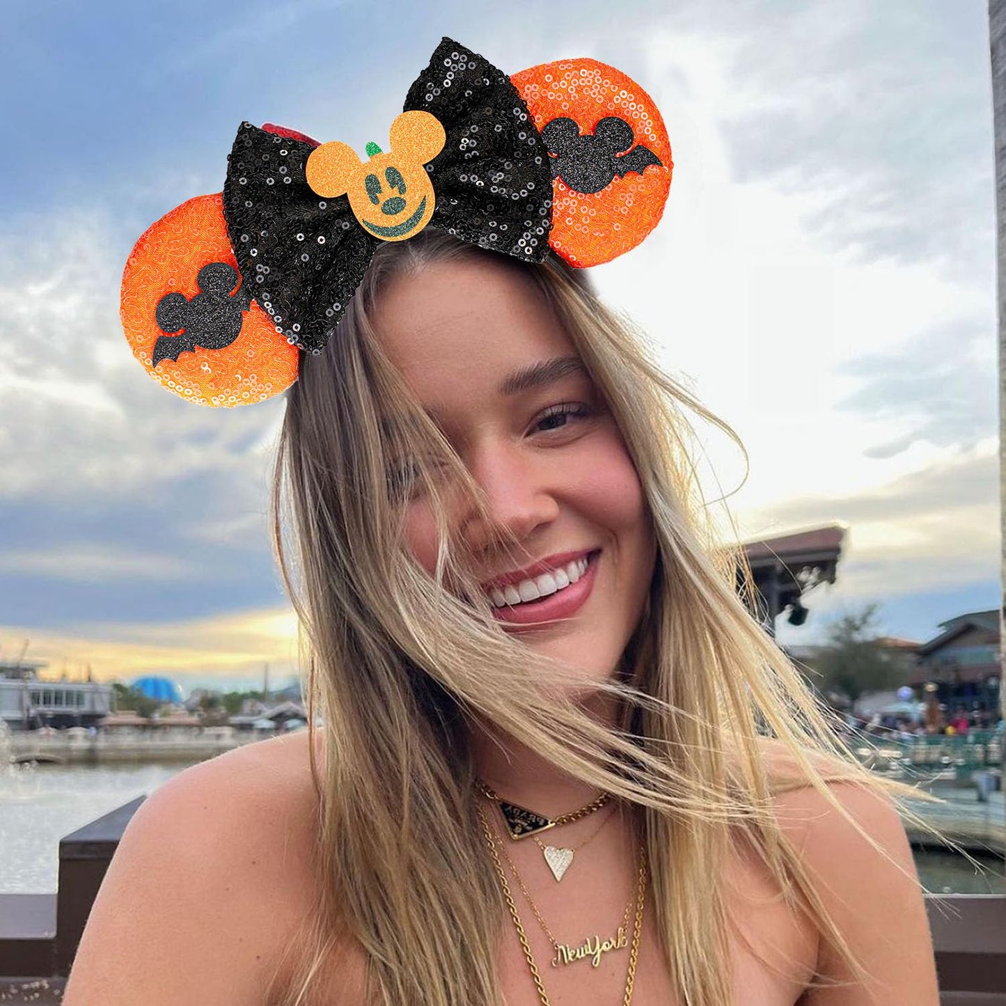 JIAHANG Halloween Mouse Ears Hair Bow Headband, Black Orange Masquerade Party Decoration Costume Headwear Hair Accessories for Women Girls