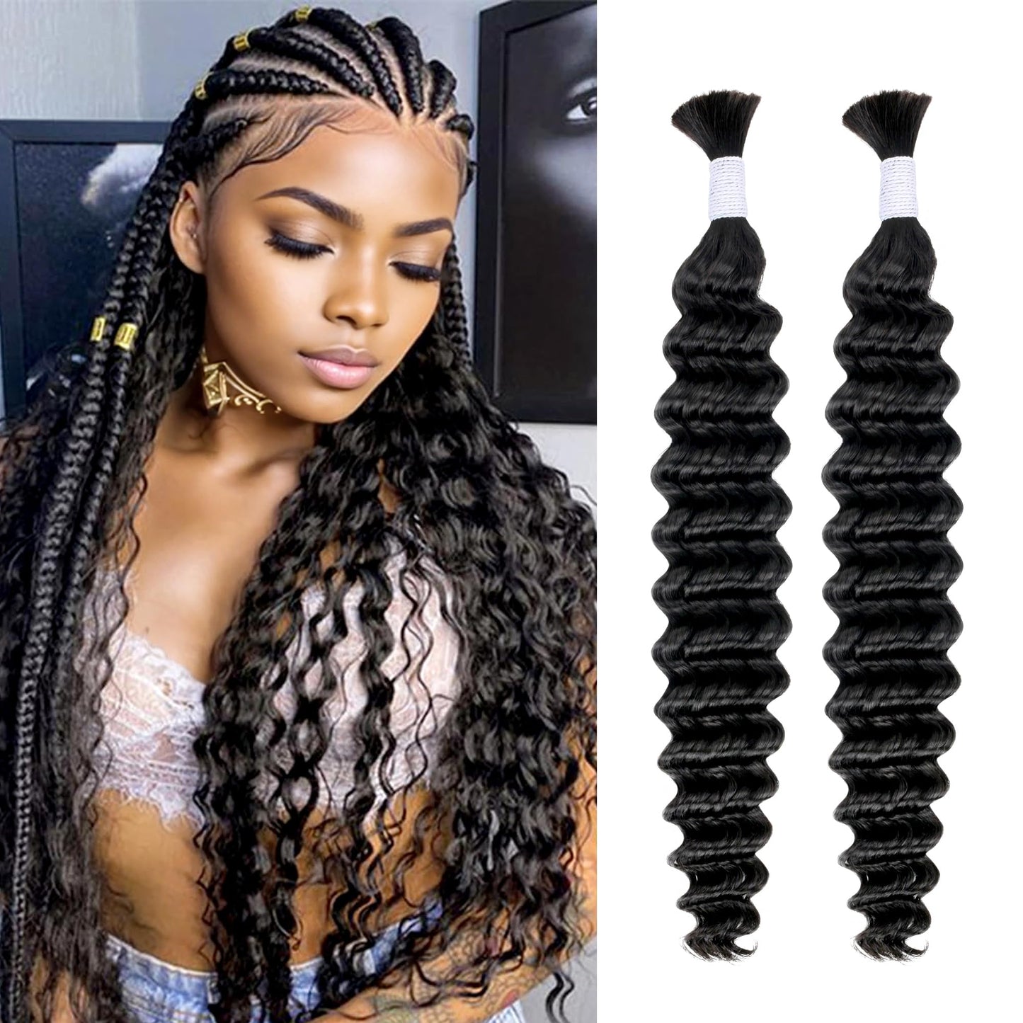 Deep Wave Bulk Human Hair for Braiding 2 Bundles 100g 24 Inch No Weft 10A Brazilian Virgin Curly Human Hair Extensions for Boho Braids Wet Wavy Human Braiding Hair (24"/100G,Black)