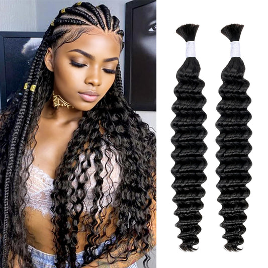 Deep Wave Bulk Human Hair for Braiding 2 Bundles 100g 24 Inch No Weft 10A Brazilian Virgin Curly Human Hair Extensions for Boho Braids Wet Wavy Human Braiding Hair (24"/100G,Black)