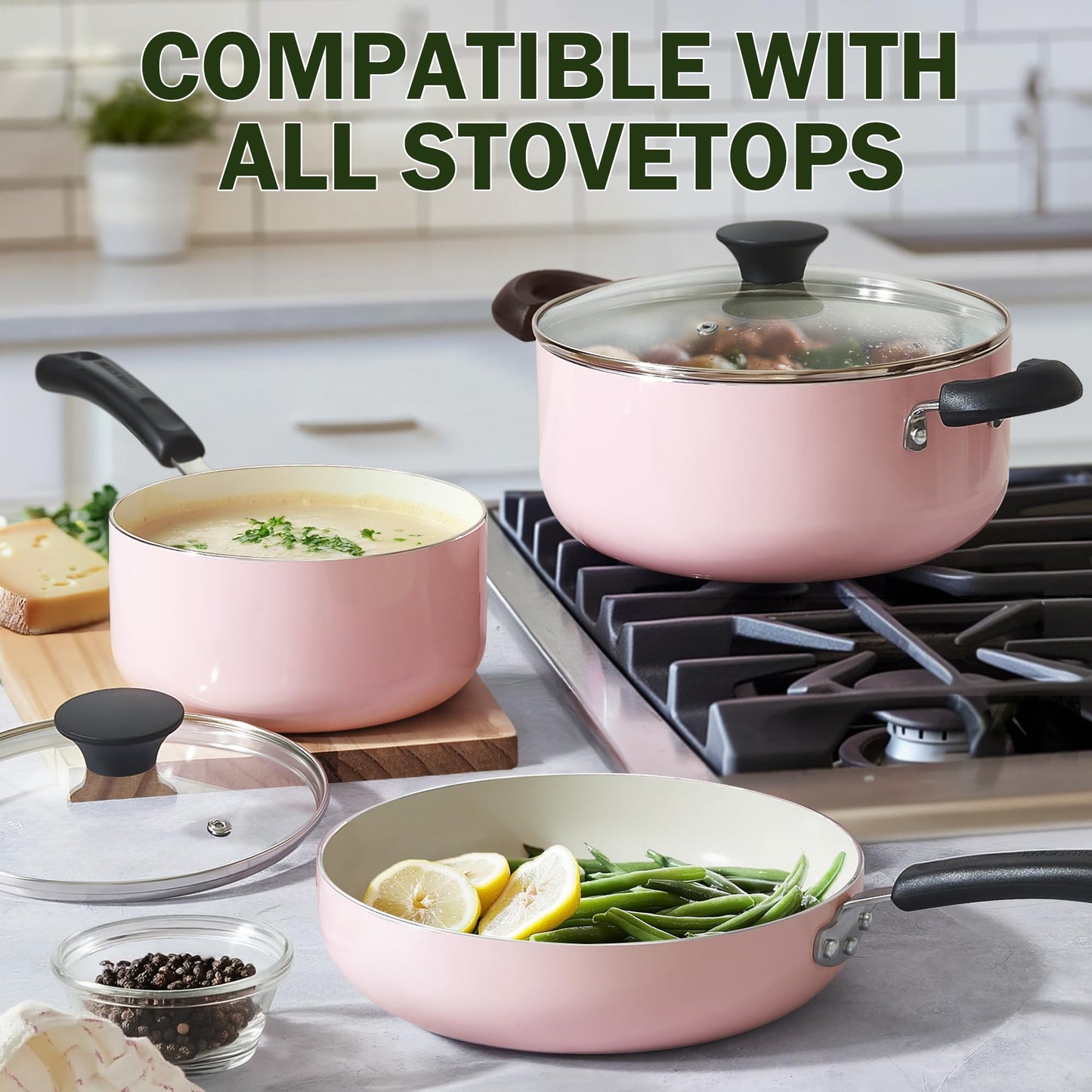 Cook N Home Pots and Pans Set Nonstick, 10-Piece Ceramic Kitchen Cookware Sets, Nonstick Cooking Set with Saucepans, Frying Pans, Dutch Oven Pot with Lids, Pink