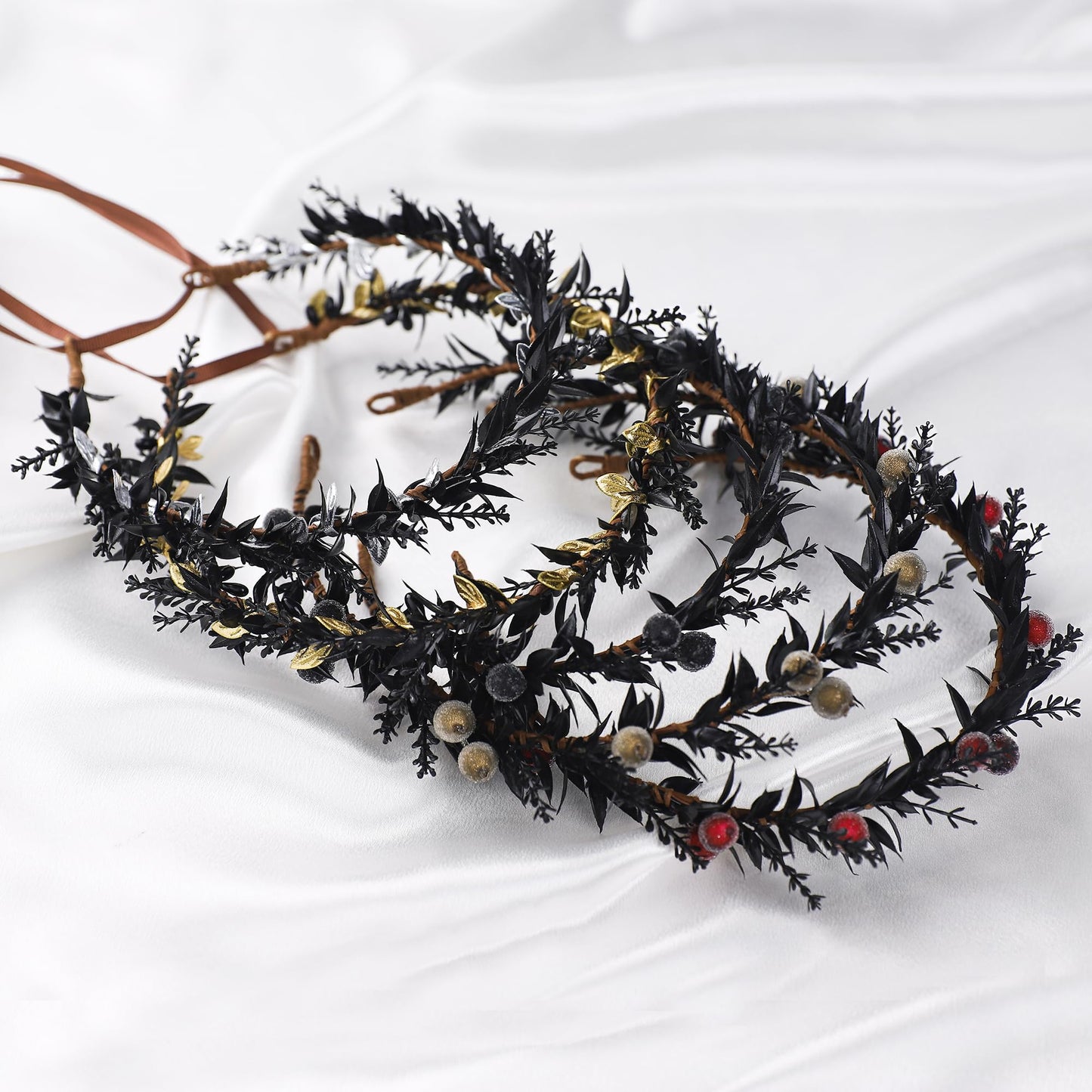KorViSHOW Handmade Black Flower Crown - Adjustable Black Floral Headband Renaissance Hair Accessories Elf Headpiece Boho Garland for Women Girls Renaissance Festival Photography Props
