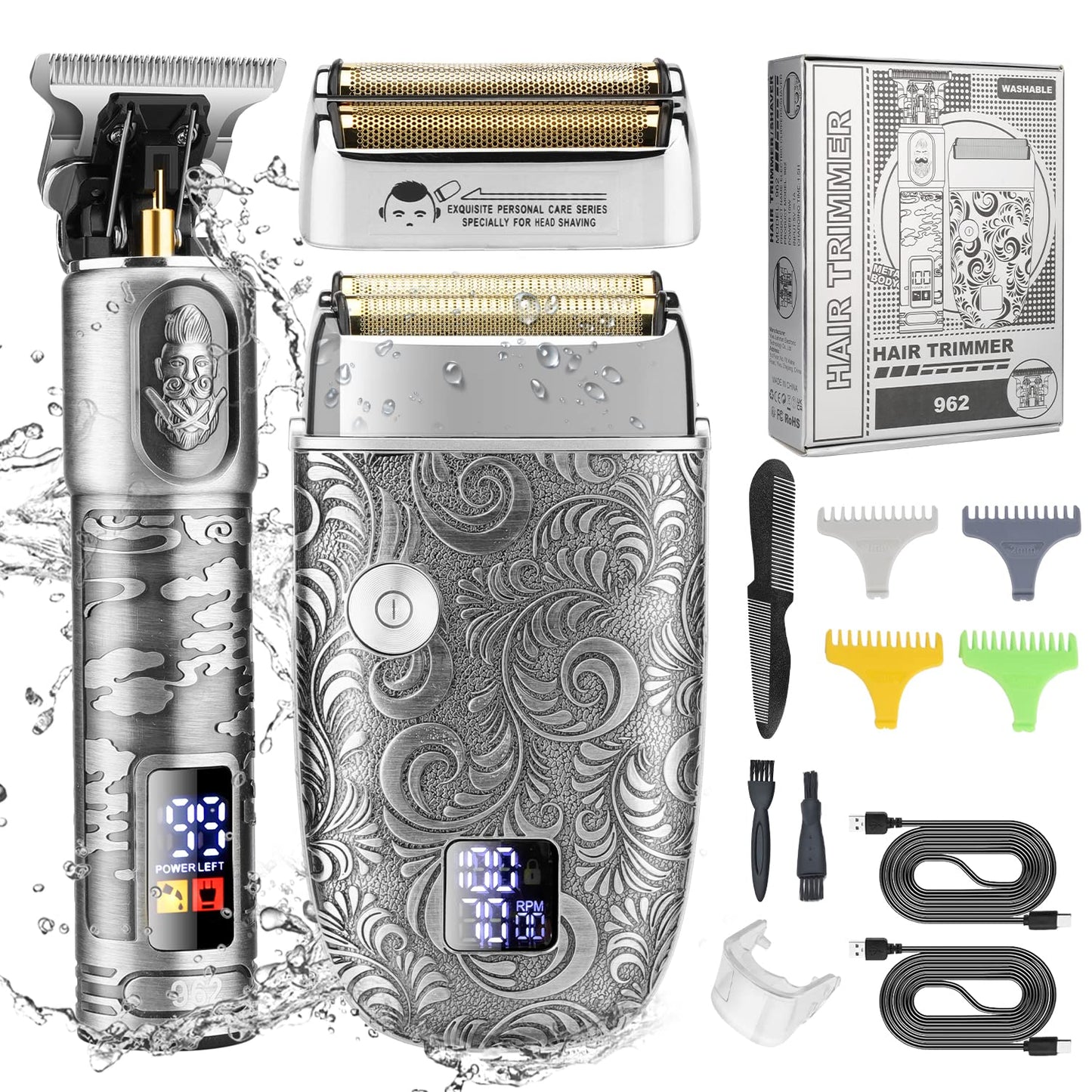 RESUXI Mens Clippers and Grooming Set,Professional Hair Clippers and Shavers for Men,Electric Razor and Cordless T BladeTrimmer Kit,Beard Trimmer for Men Barbers Supplies,LCD Display 2 Foil Head