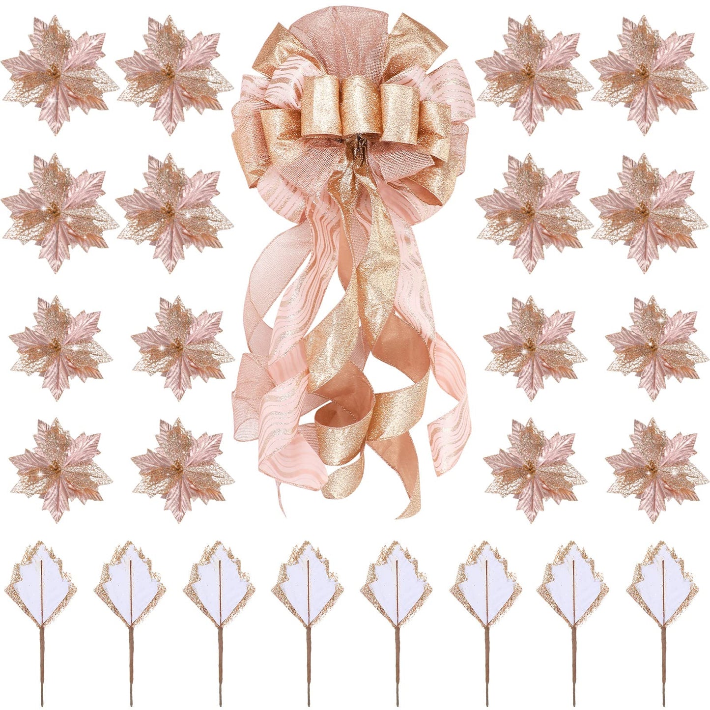 Syhood Christmas Tree Topper Decorations 34x12 Inch Large Christmas Bows Tree Ornaments and 24 Pcs Christmas Tree Flowers for Christmas Holiday Party Decorative(Rose Gold)