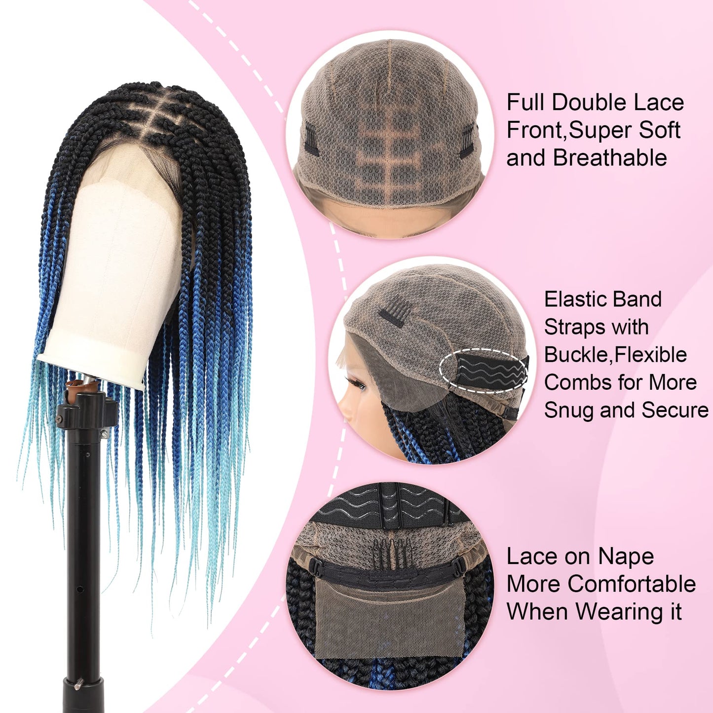 Kalyss 24" Lace Front Braided Wig Short Box Braid Wigs for Black Women Square Knotless Braided Wigs with Baby Hair Human Hair Blended Ombre Dark Blue and Pastel Sky Blue Braids Wig