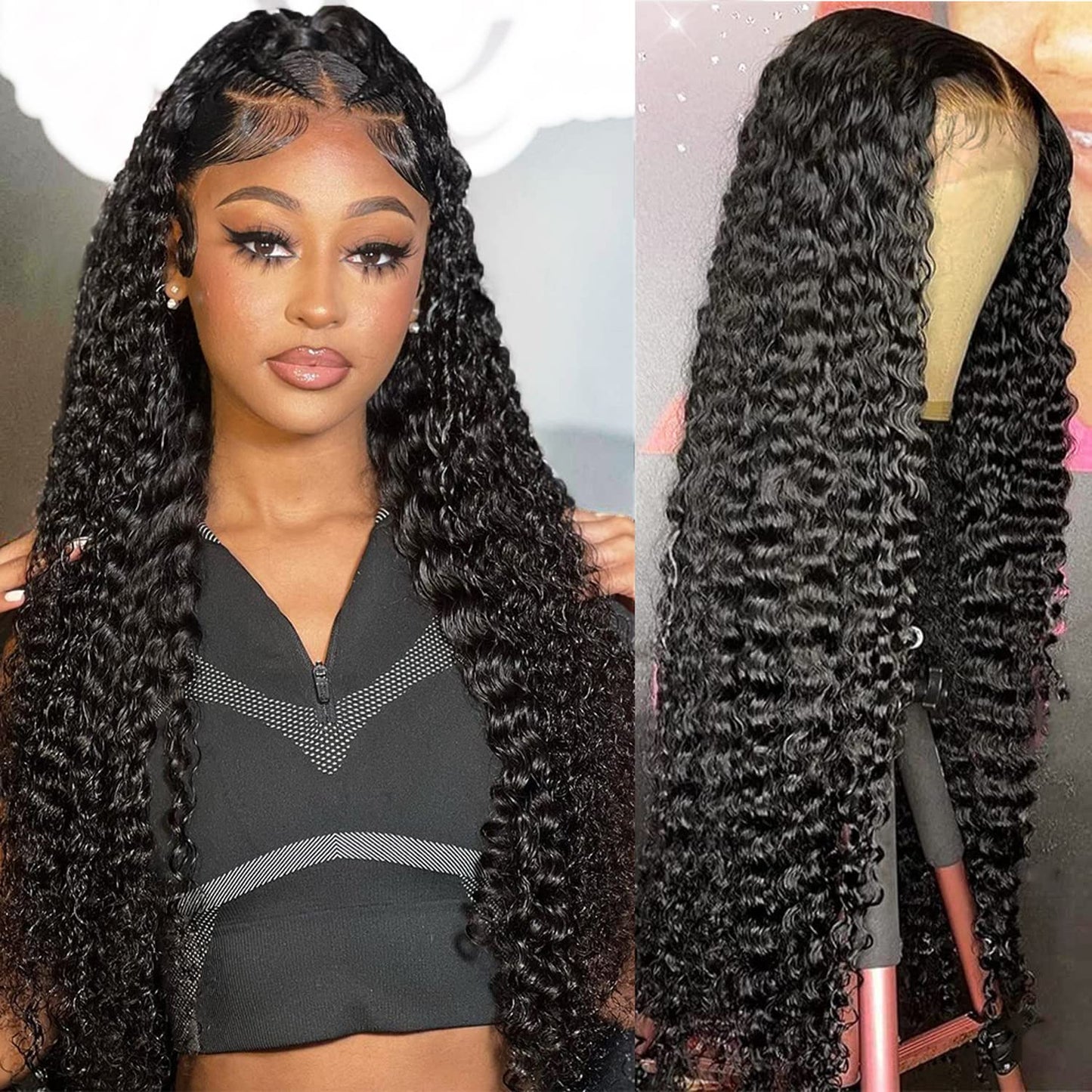 JADEFLO Deep Wave Lace Front Wig Human Hair 13x4 HD Transparent Lace Frontal Wigs for Black Women Human Hair 180% Density Glueless Lace Front Wigs Pre Plucked with Baby Hair (18 Inch)