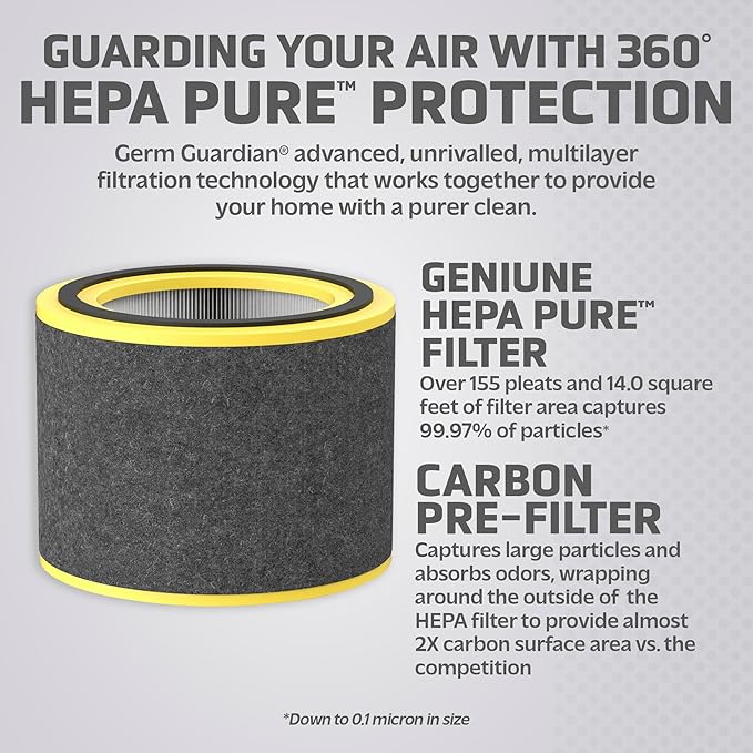 GermGuardian Airsafe+ Intelligent Air Purifier with UV-C Light, Air Quality Sensor, 360˚ HEPA Filter & Filter V HEPA Pure Genuine Air Purifier Replacement Filter, Removes 99.97% of Pollutants