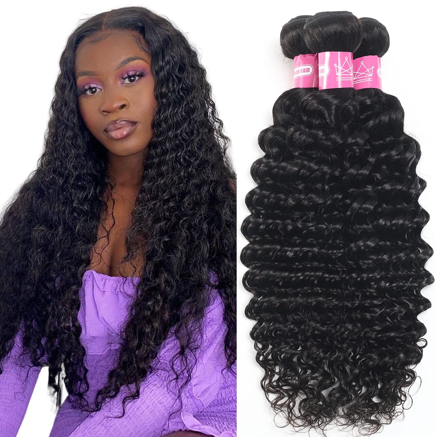 inlovwith Deep Wave Bundles Human Hair 28 Inch 12A Brazilian 100% Unprocessed Virgin Human Hair Bundles Wet and Wavy Human Hair Weave Bundles Natural Black Color Human Hair Extensions
