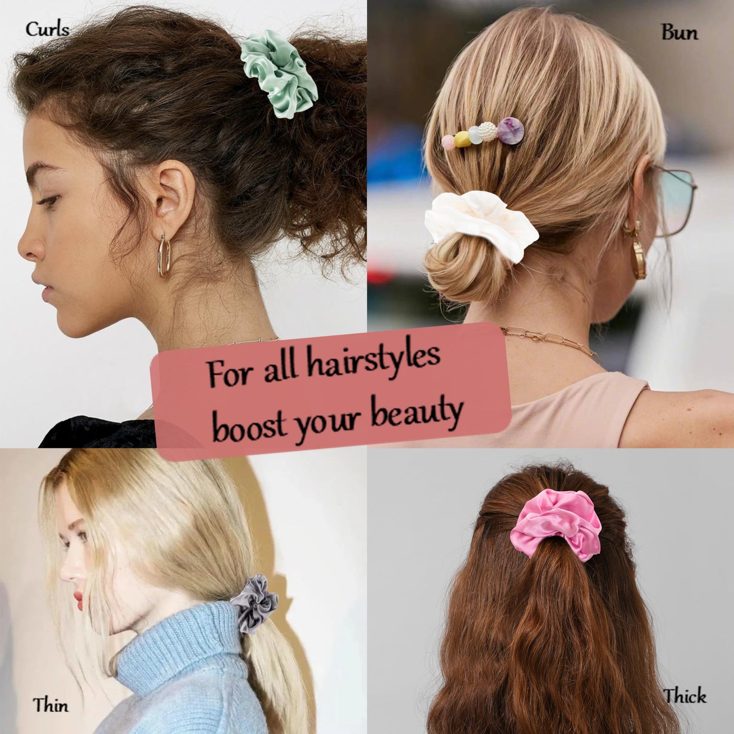MurierSilk Mulberry Silk Hair Scrunchies & Ponytail Holders - 100% Pure Silk Elastics for Women & Girls, 4pcs Large Hair Accessories Preventing Frizz & Breakage