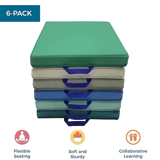 Factory Direct Partners SoftScape 15 inch Square Classroom Floor Cushions with Handles; Flexible Seating for Daycare, Preschool, Playroom; 2 inch Thick Deluxe Foam (6-Piece) - Contemporary, 12228-CT