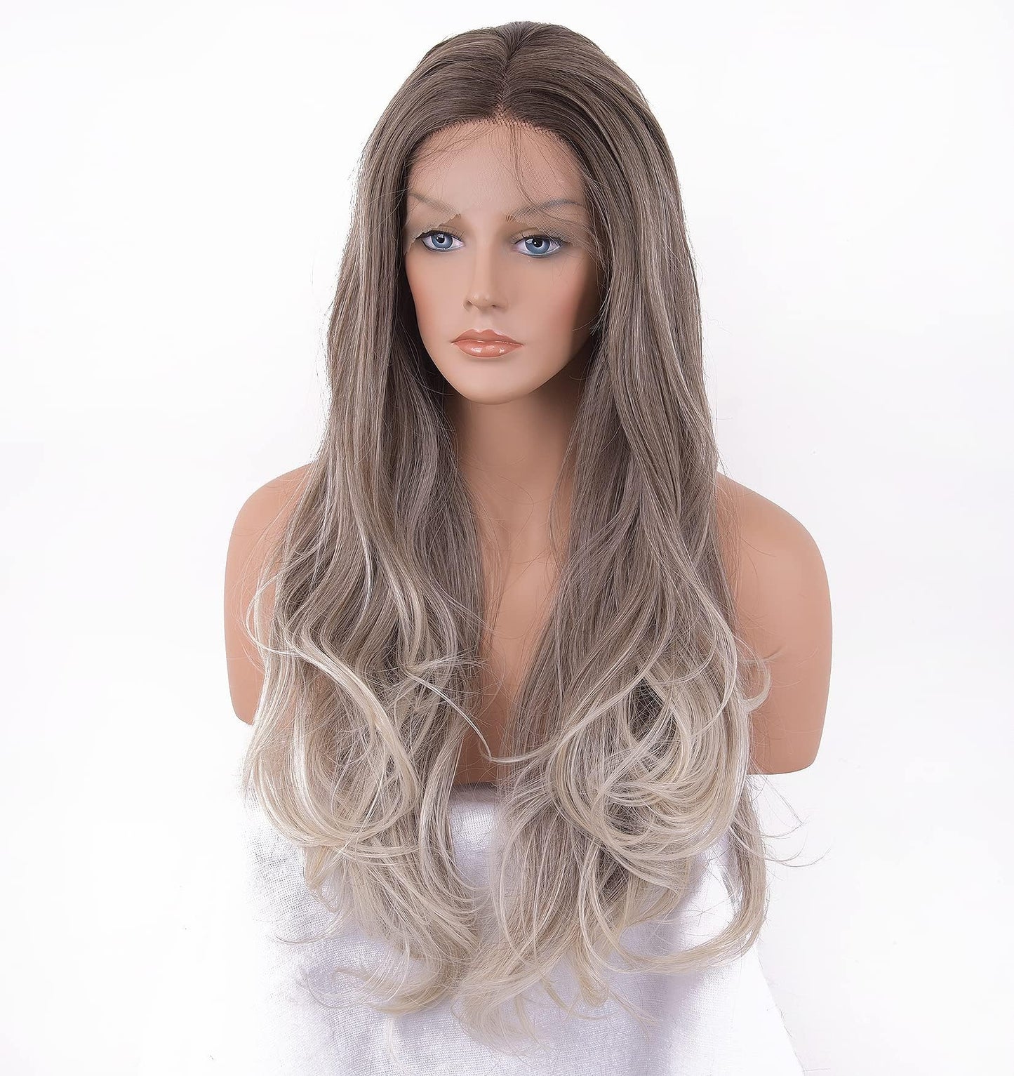EALGA Ash Brown Wigs for Women, Ombre Silver Blonde Hair Lace Front Wig with Brown Roots, Natural Wavy Glueless Wig 22 inch Middle Part EALGA-081-NEW