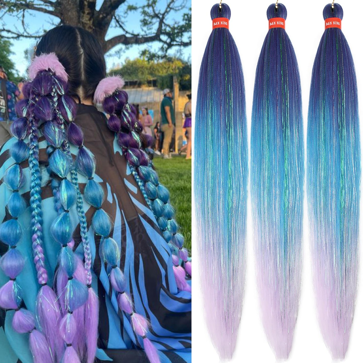 Glitter Ombre Lake Blue Purple Festival Pre Stretched Braiding Hair with Tinsel Shinny 30 Inch Yaki Texture Box Braid Hair Extensions 3 Packs Yaki Texture Easy to Use for Party