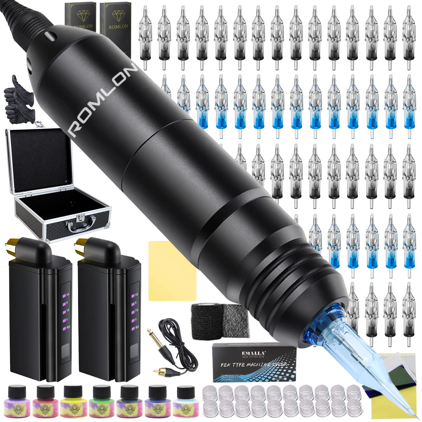 Romlon Tattoo Kit - Tattoo Machine Kit for Beginners Rotary Tattoo Machine with 2Pcs Tattoo Power 40pcs Tattoo Cartridge Needles Tattoo Machine Parts Tattoo Supplies