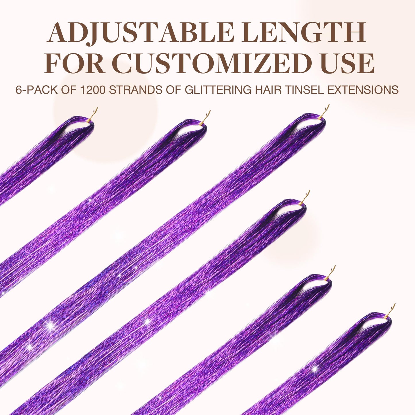 GOO GOO Hair Tinsel Extension, 1200 Strands of 48 Inch, 6 pcs Heat Resistant Glitter Highlights for Hair, Sparkling Glitter Strands for Women & Girls, Ideal for Christmas & Cosplay Parties (Purple)