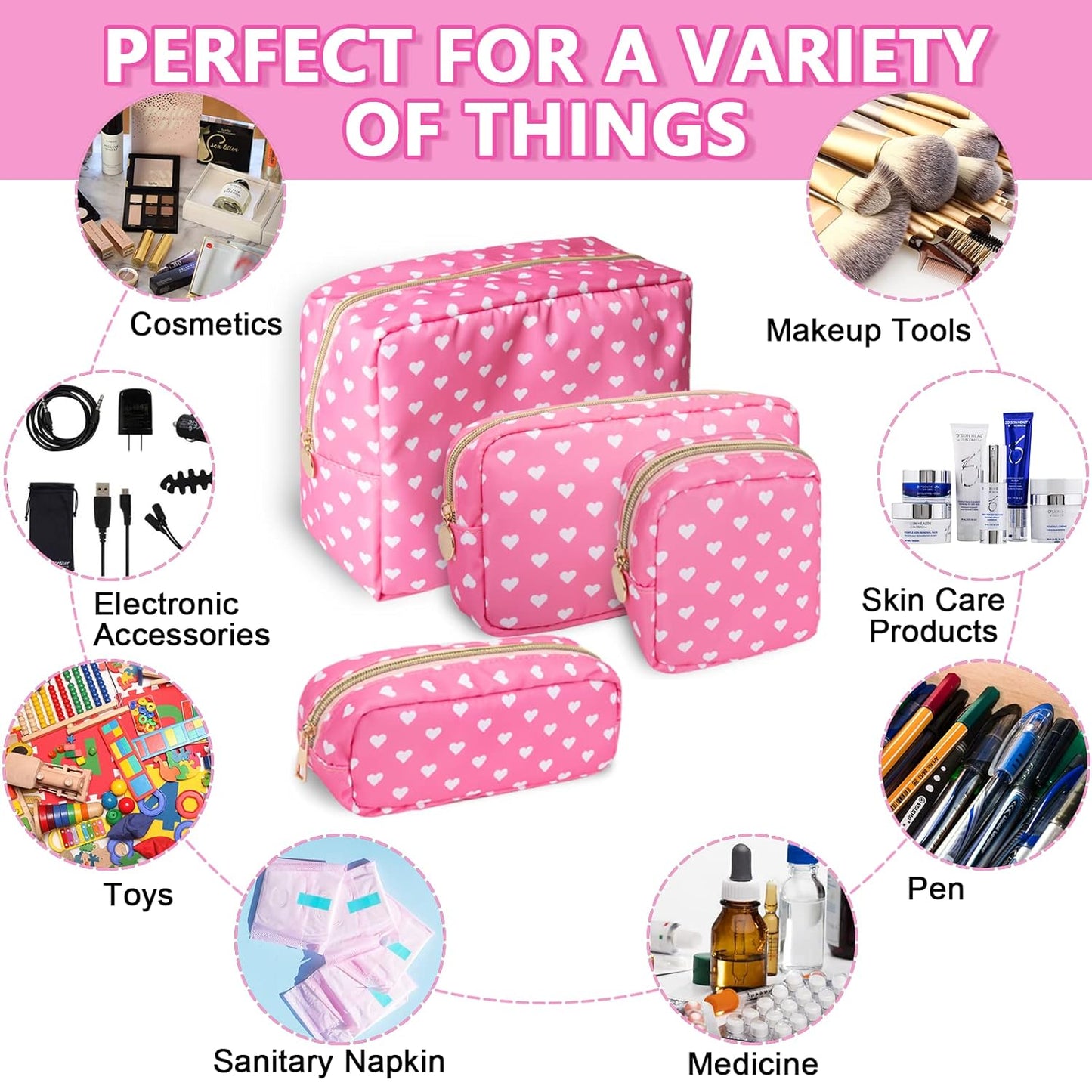 Small Makeup Pouch for Purse，Nylon Travel Toiletry Storage Cute Preppy Cosmetic Bag for Women Girls，Waterproof Makeup Organizer Pouch Skincare Purse with Zipper (Small-Pink Heart)