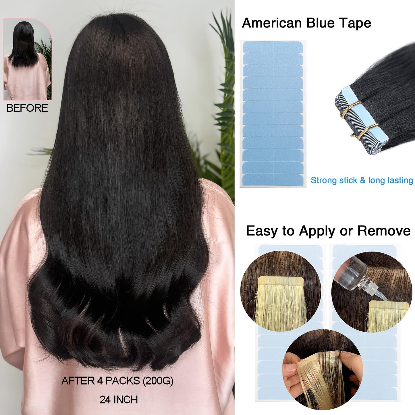 FEIPRO Silky Straight Tape ins Human Hair Girls Tape in Hair Extensions Human Hair Invisible Tape ins Seamless PU Skin Weft Soft Natural Black Long Hair Extension 24Inch 50g 20pcs/Pack
