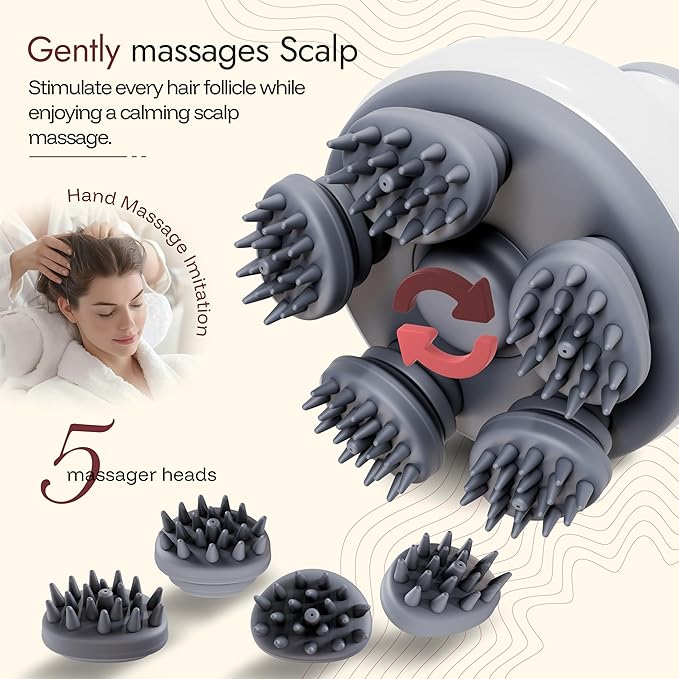 Electric Scalp Massager Hair Growth w/ 4 Massage Modes & Oil Compartment - Head Massager Scalp Stress Relax, Scalp Health - Removable Silicone Heads, Rechargeable, Pain Relief for Dry & Itchy Scalp
