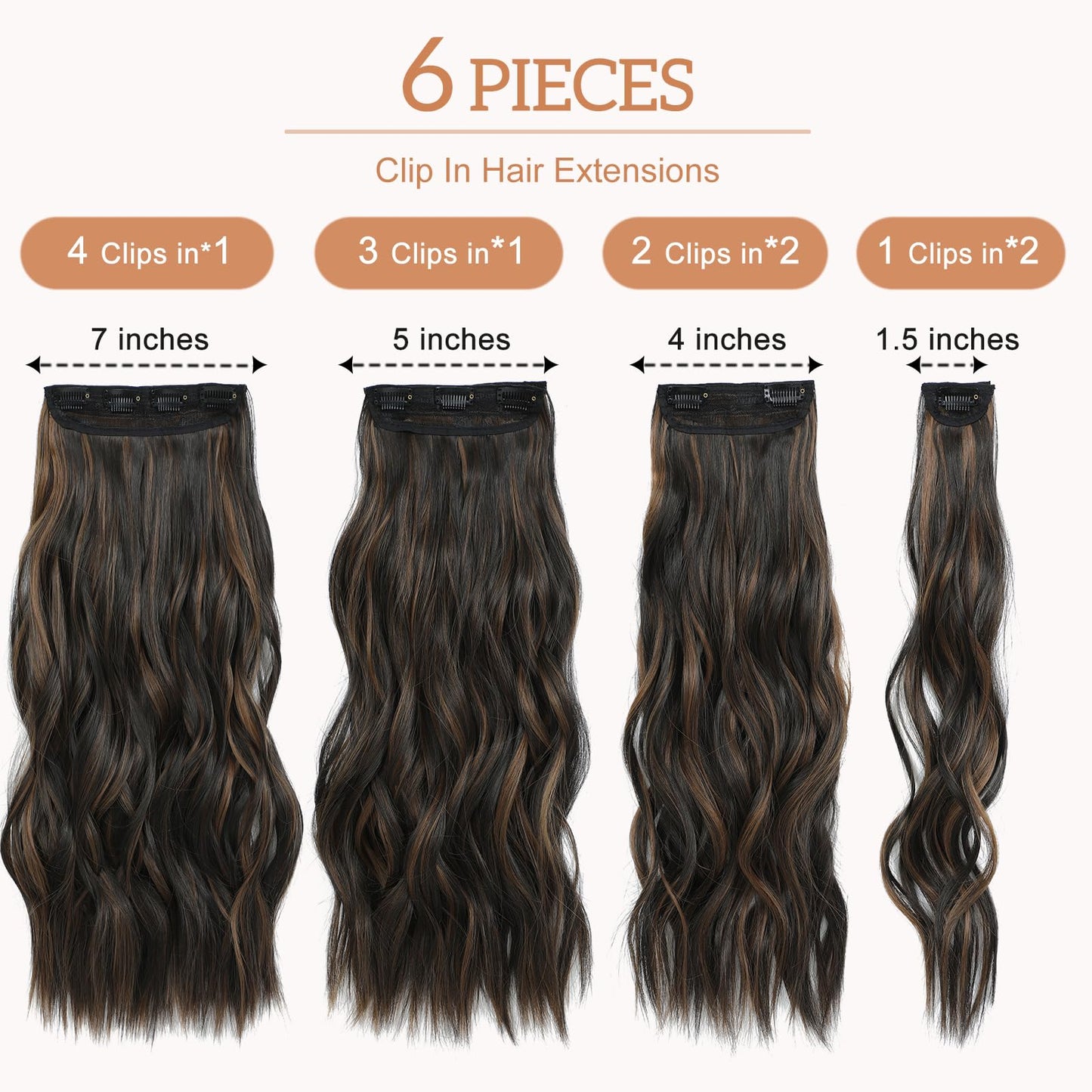 Flvaco Clip In Synthetic Hair Extensions 6PCS 20 Inch Wavy Long highlights Brown Hair Extensions Thick Clip Ins Hairpieces Double Weft Full Head For Women Extension(230G,Auburn Chestnut)