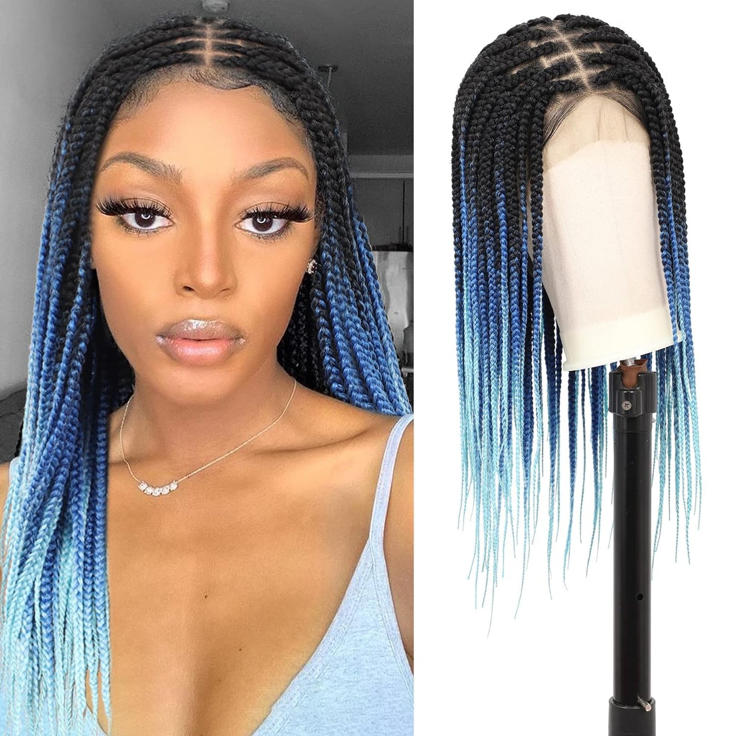 Kalyss 24" Lace Front Braided Wig Short Box Braid Wigs for Black Women Square Knotless Braided Wigs with Baby Hair Human Hair Blended Ombre Dark Blue and Pastel Sky Blue Braids Wig