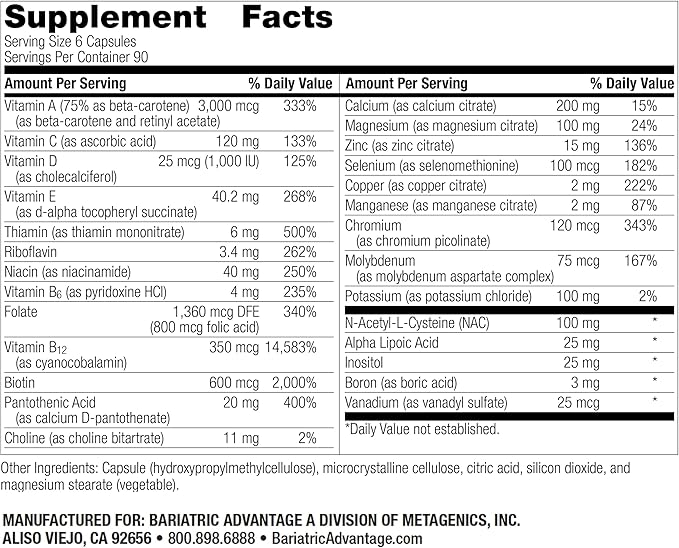 Bariatric Advantage Multi Formula Without Iron, High Potency Daily Multivitamin for Bariatric Surgery Patients with 22 Essential Vitamins and Nutrients - 540 Capsules