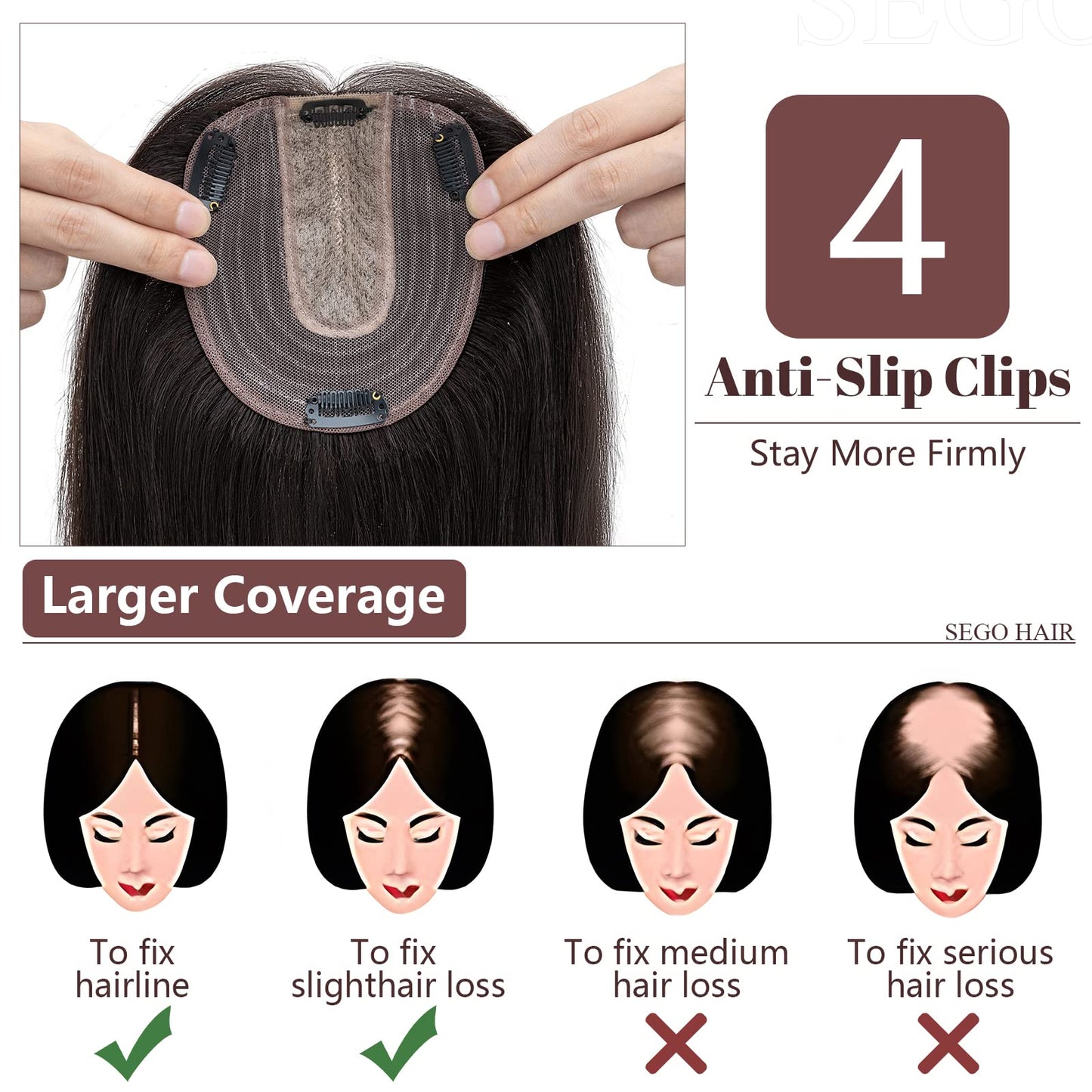 SEGO Clip in Hair Topper For Women, No Bangs Remy Human Hair Toppers Silk Base Top Wiglet Hairpieces for Hair Loss Thinning Hair Cover Grey Hair 4 Clips