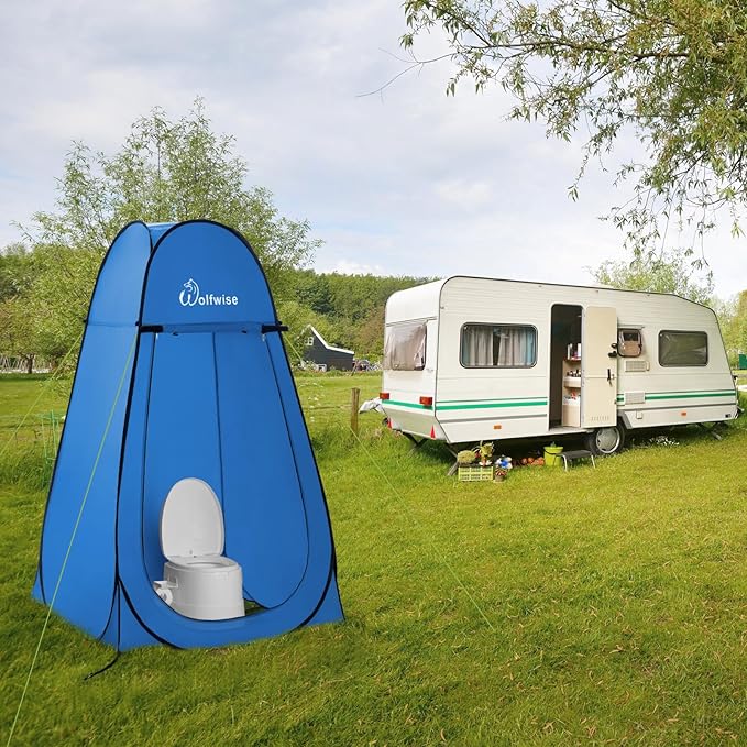 WolfWise Portable Pop Up Privacy Shower Tent, Spacious Changing Room, Dressing Room, Sun Sunshade Canopy Outdoor Rain Shelter, Backpack Privacy Shelters for Camping, Hiking, Beach, Toilet, Large Blue