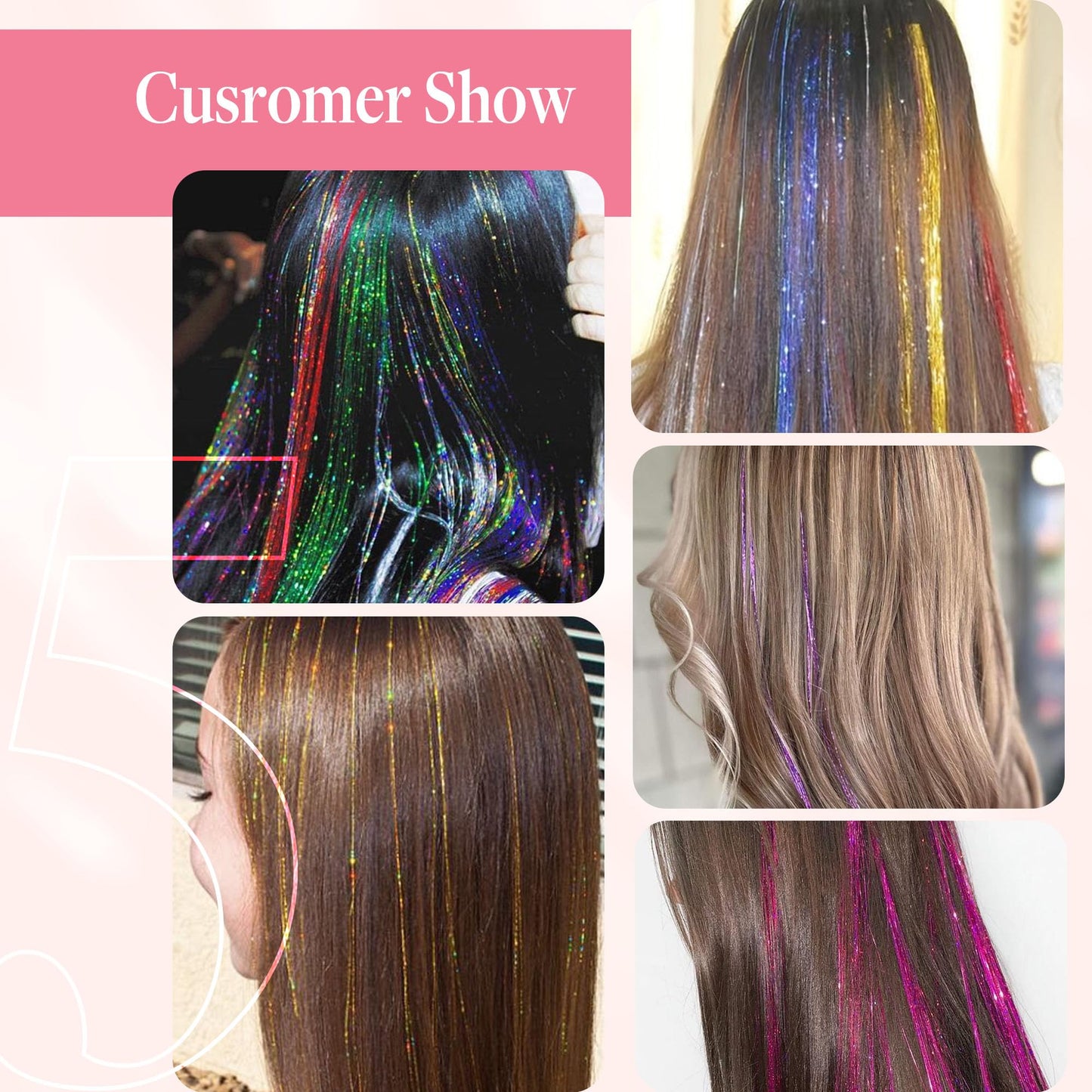 GOO GOO Clip in Hair Tinsel 24 Inch-6pcs Rainbow 7 Mixed Colors Fairy Glitter, Heat Resistant Clip-In Sparkle Strands, Dazzling Glitter Tinsel for Women & Girls, Perfect for Parties, Christmas