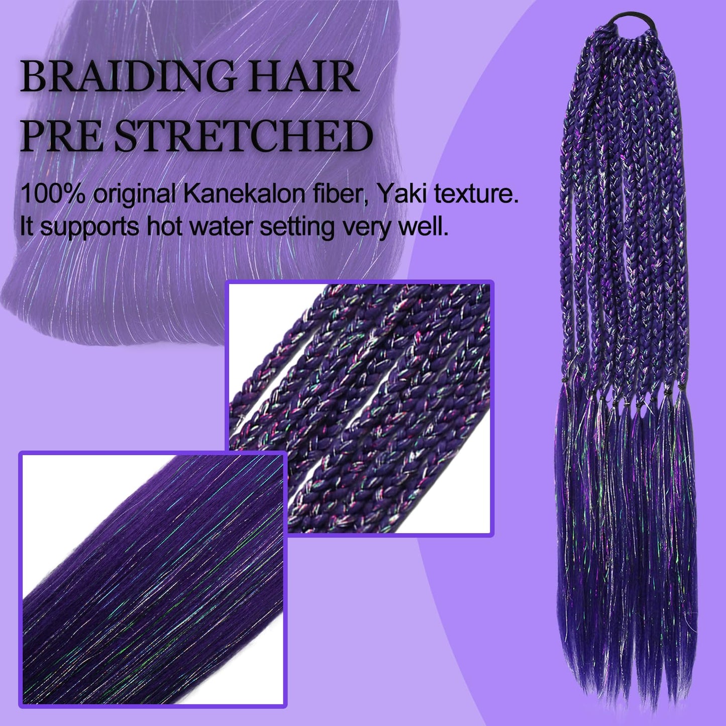 Dark Purple with Tinsel Braiding Hair Pre Stretched 2 Packs 26 Inches Kanekalon Box Braids Hair Extensions Synthetic Pre Stretched Braiding Hair