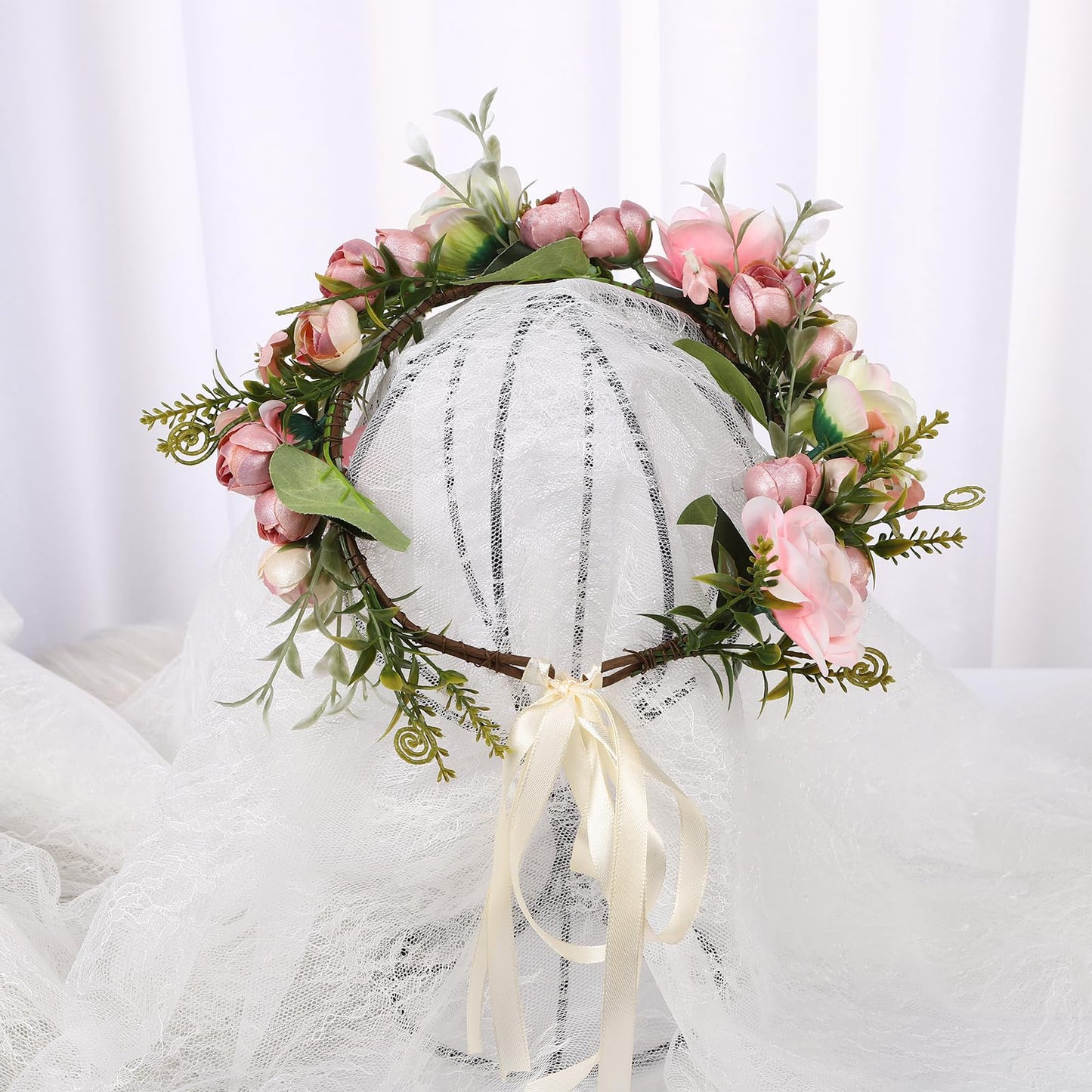 Vivivalue Women Floral Crown Girl Flower Headband Hair Wreath Floral Headpiece Halo Wedding Party Photos Pink