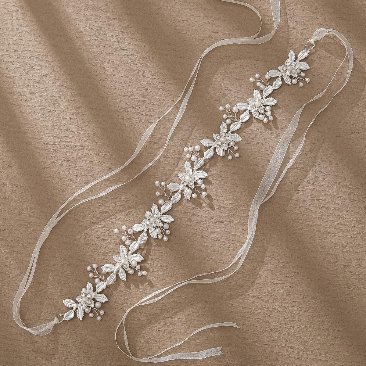 EneQutum Wedding White Metal Hairband, Crystal Pearl Headpiece, Forest flowers Hair Vine Bride Accessory for Women and Girls