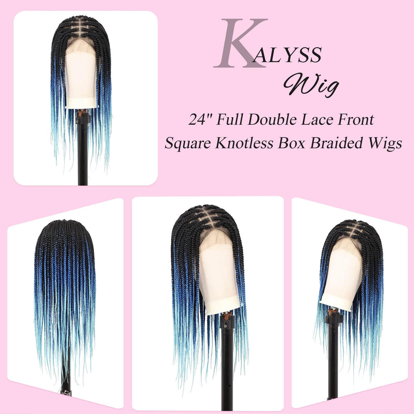 Kalyss 24" Lace Front Braided Wig Short Box Braid Wigs for Black Women Square Knotless Braided Wigs with Baby Hair Human Hair Blended Ombre Dark Blue and Pastel Sky Blue Braids Wig