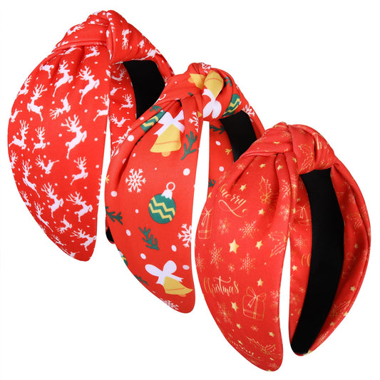 Christmas Headband for Women Girls Snowflake Reindeer Christmas Tree Present Candy Cane Pattern Knotted Hairband Xmas Holiday Wide Knot Head Band Hair Accessory Gift
