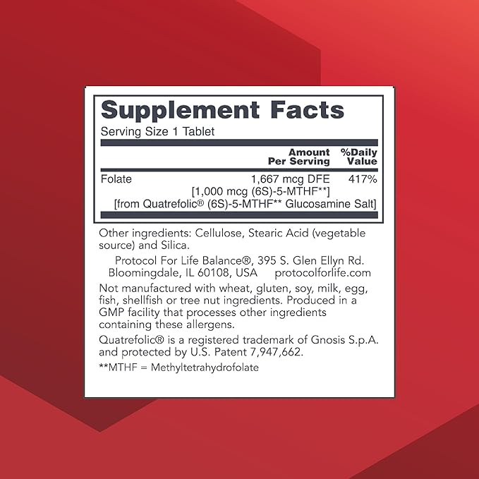 PROTOCOL FOR LIFE BALANCE 5-Methylfolate 1,000mcg - Superior Methyl Folate Bioavailability - for Brain Support - Folate Supplement for Women & Men - Kosher & Vegan - 90 Tabs