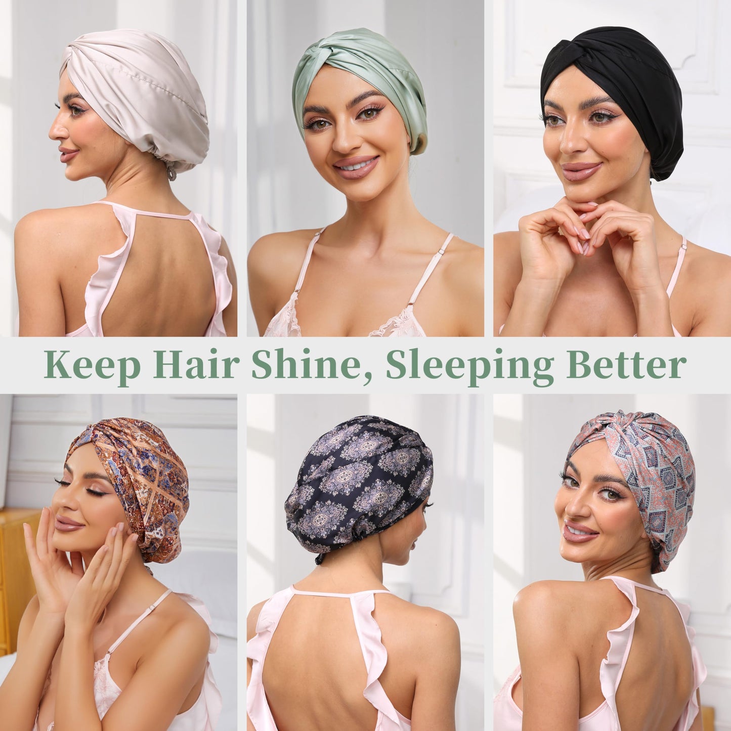 Adjustable Silk Satin Bonnet for Sleeping Hair Wrap, Double Layer Sleep Cap, Night Turban for Large Long Curly Braid Women Men Hair - Matcha Green