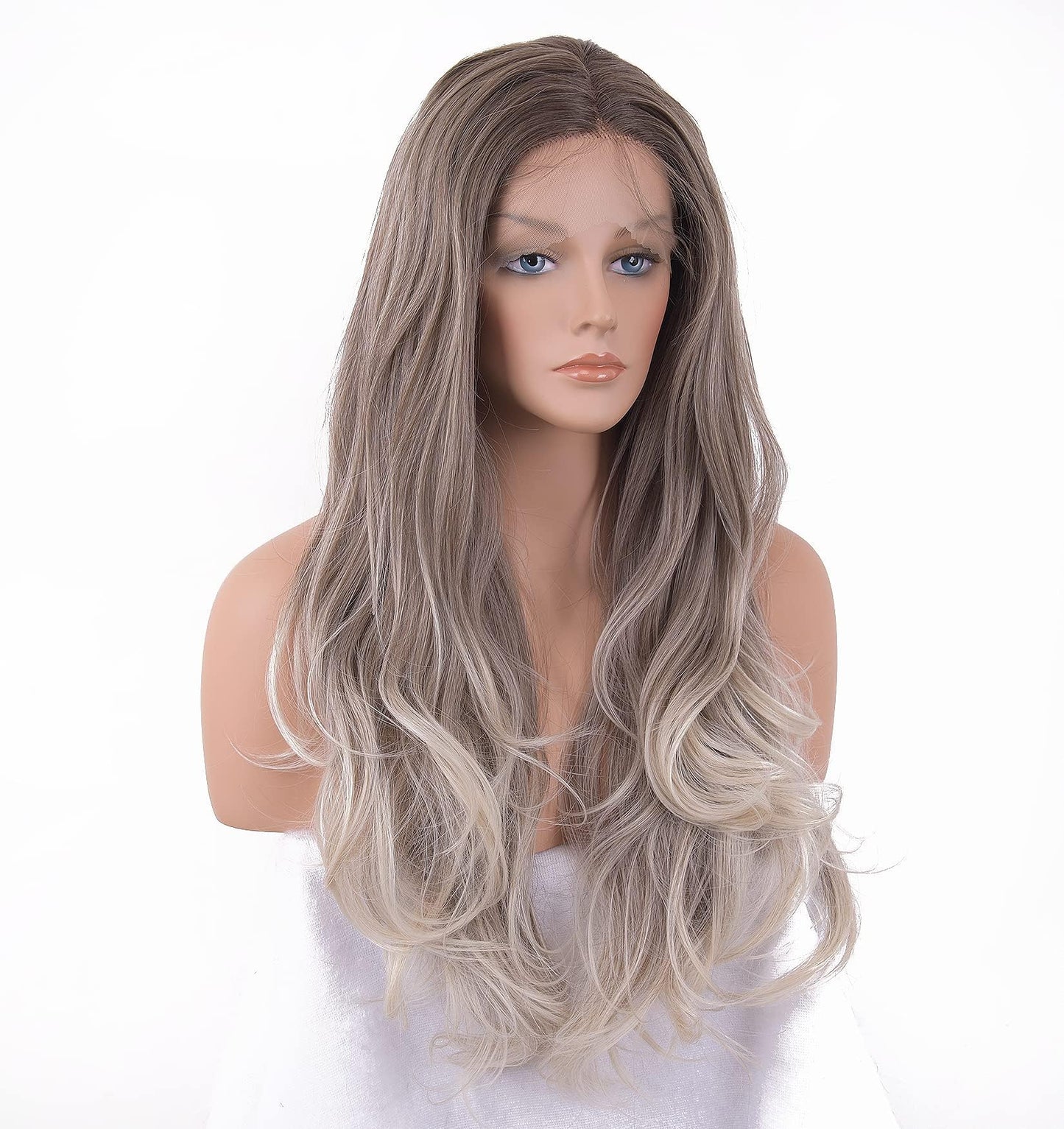 EALGA Ash Brown Wigs for Women, Ombre Silver Blonde Hair Lace Front Wig with Brown Roots, Natural Wavy Glueless Wig 22 inch Middle Part EALGA-081-NEW
