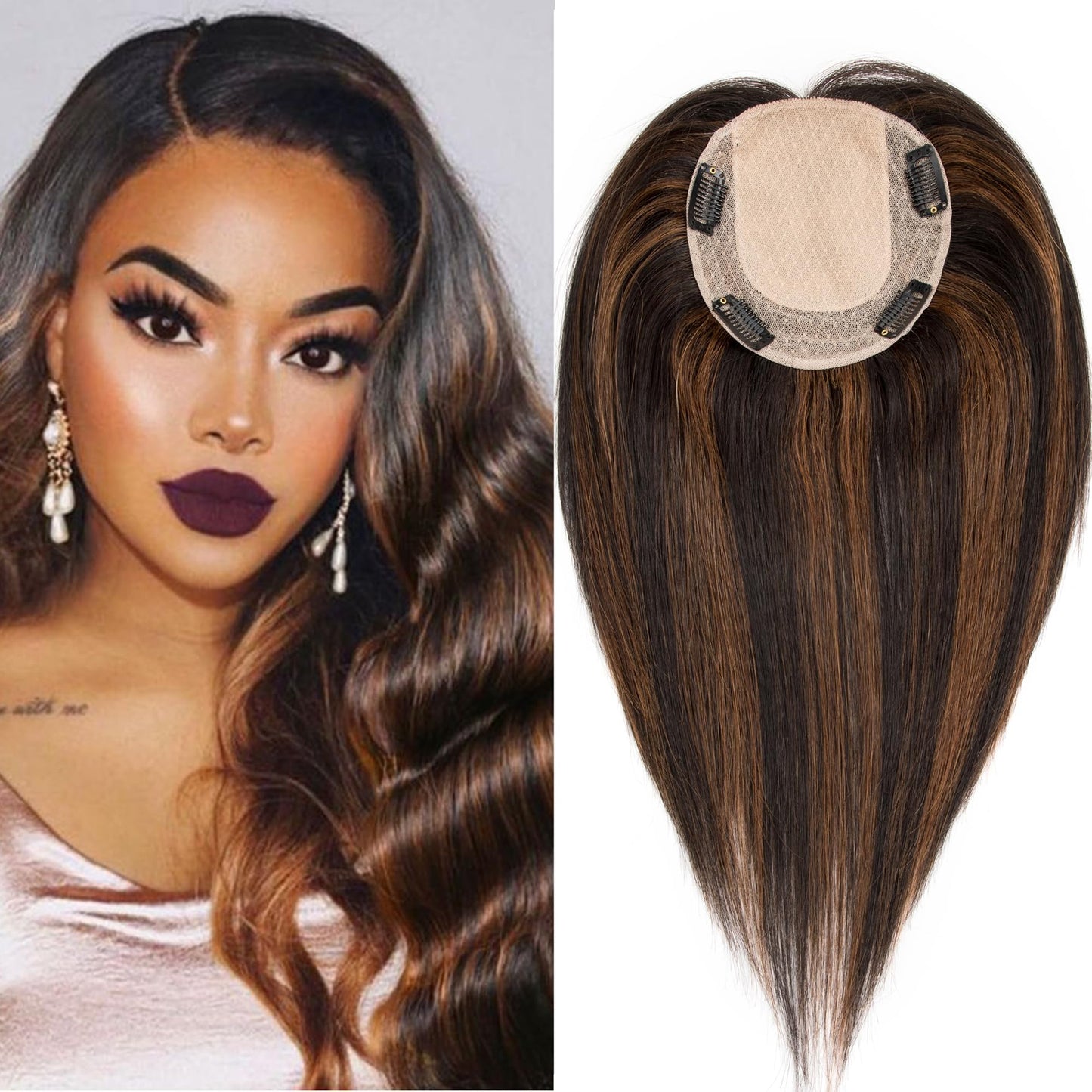 Lovenea Hair Toppers for Women Real Human Hair 14 inch Straight Human Hair Toppers with No Bangs 13X13 cm Skin Scalp Base for Thinning Hair Top Hair Pieces Remy Hair Topper (P1B/4#, 14 Inch)