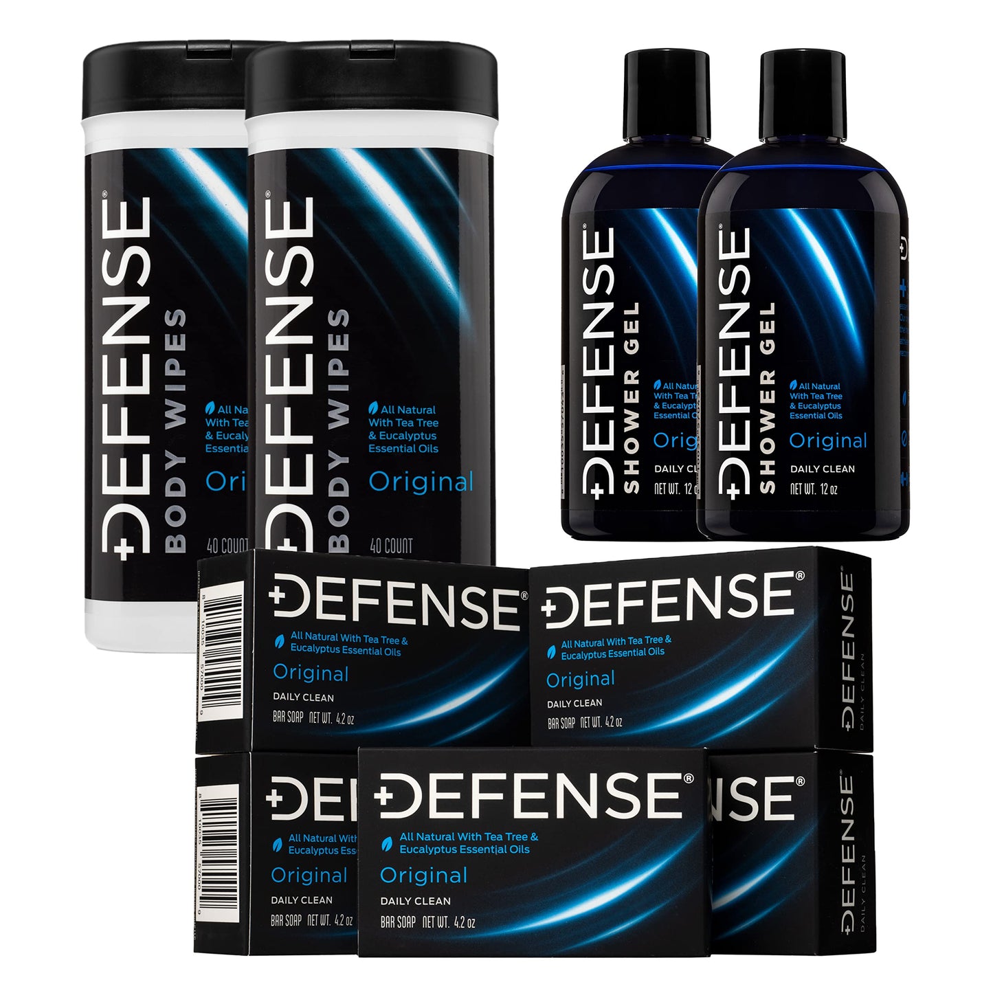 Defense Soap 2 Pack Body Wipes 40 Count, 2 Pack Body Wash 12 oz, 5 Pack Defense Bar Soap with natural Tea Tree and Eucalyptus Oil.
